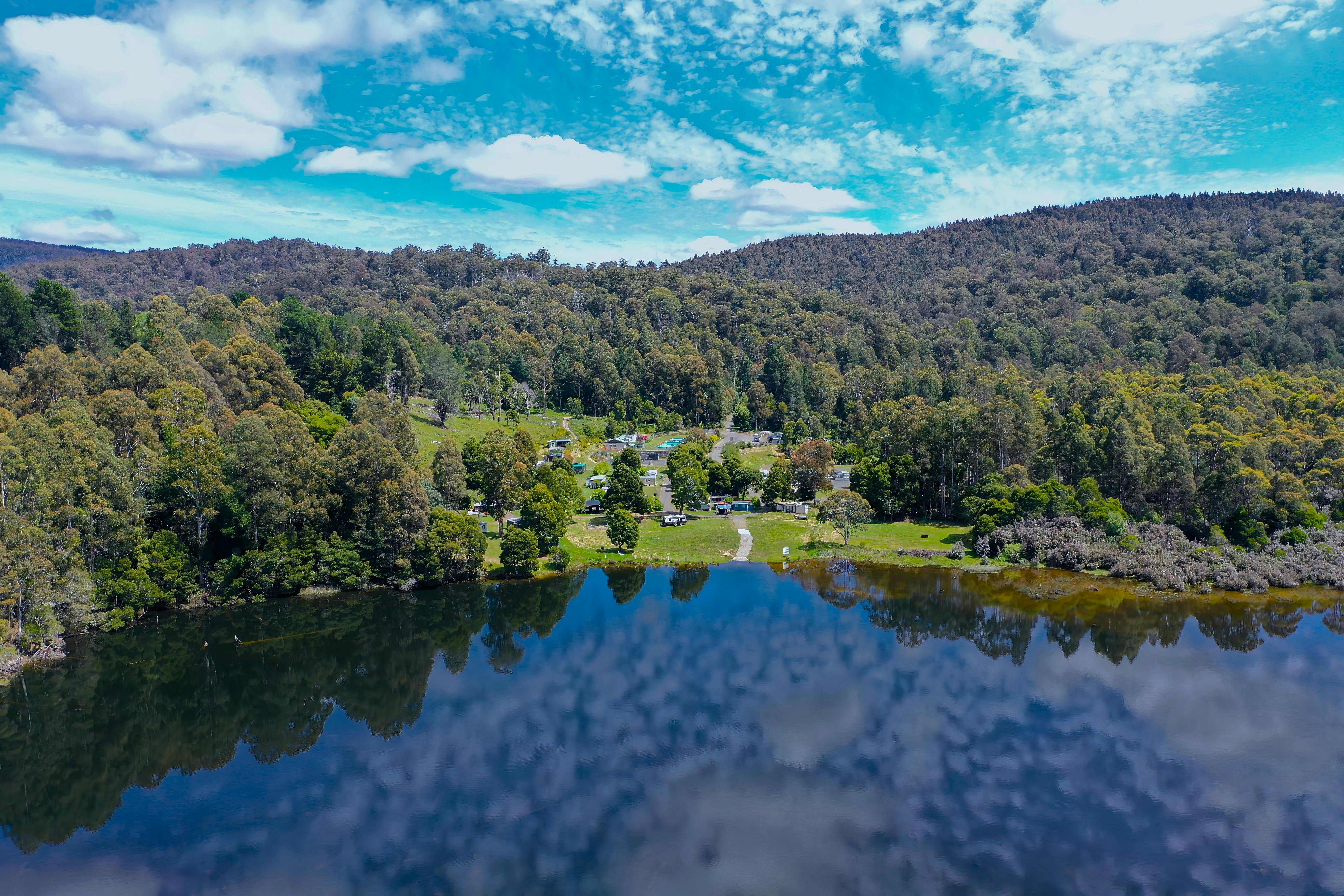 Drone shot of park from the lake