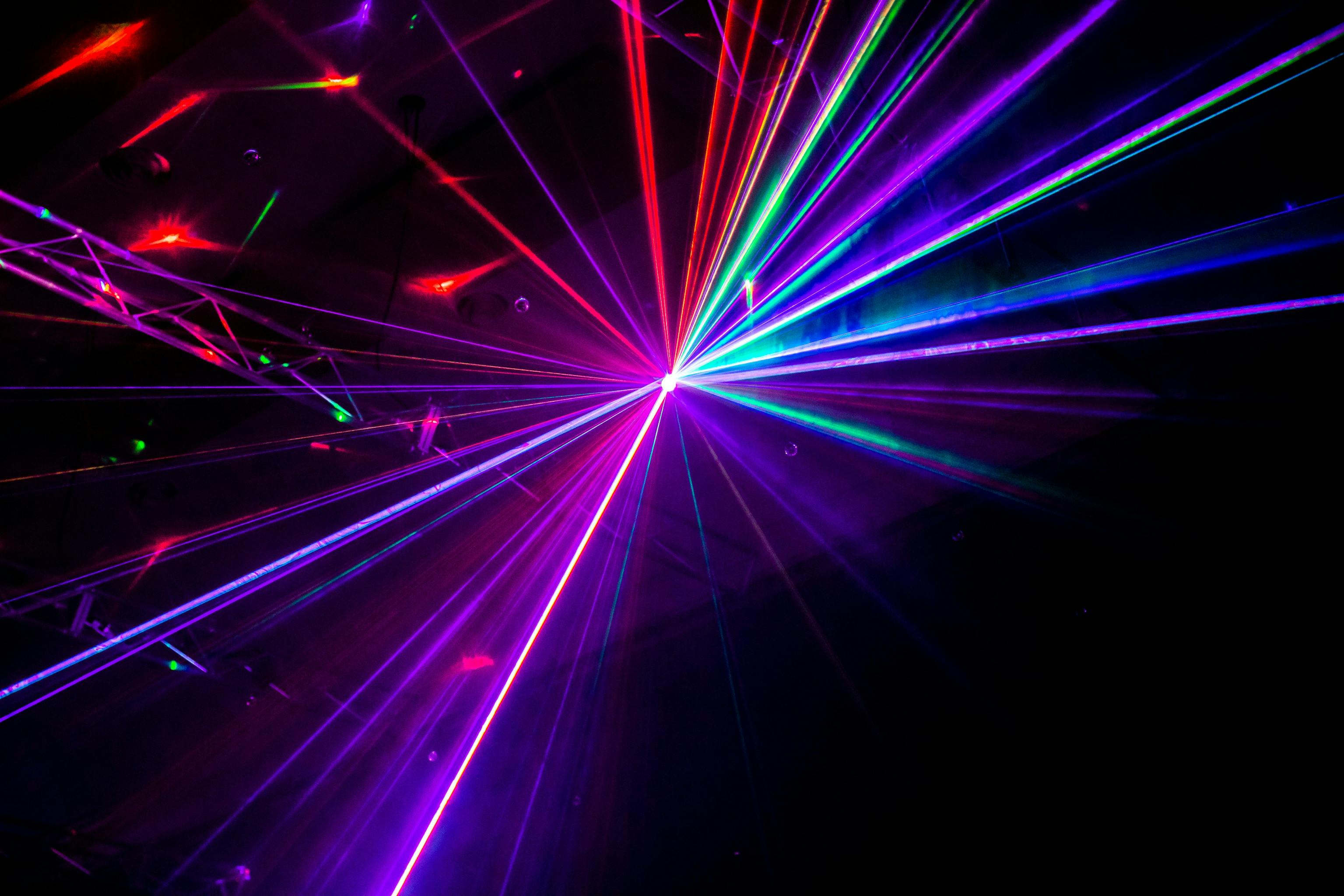 Installation detail of artwork by Robin Fox, lights of different colours intersecting