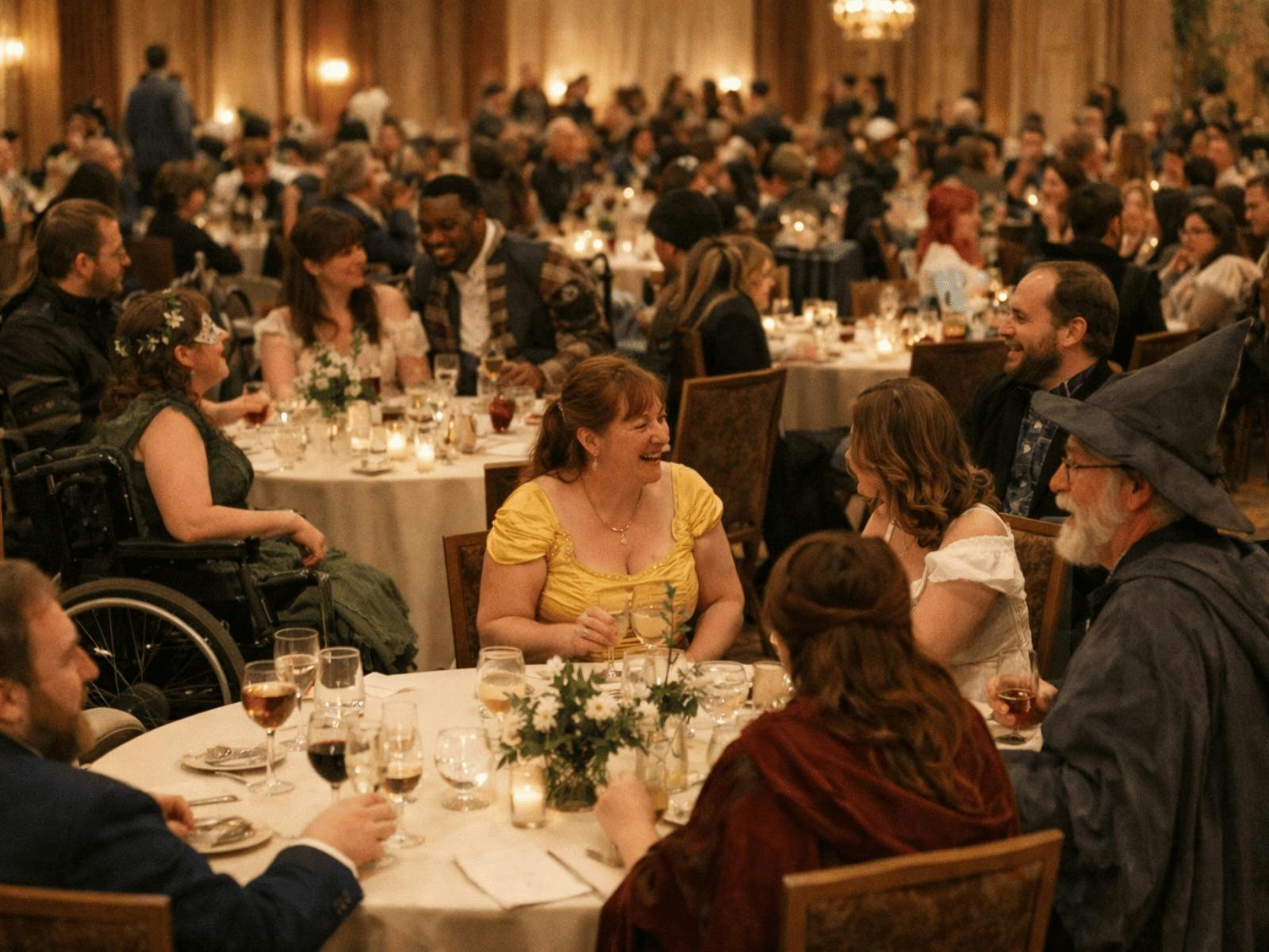 Various people dressed in formal wear and costume, sitting at tables in a ballroom