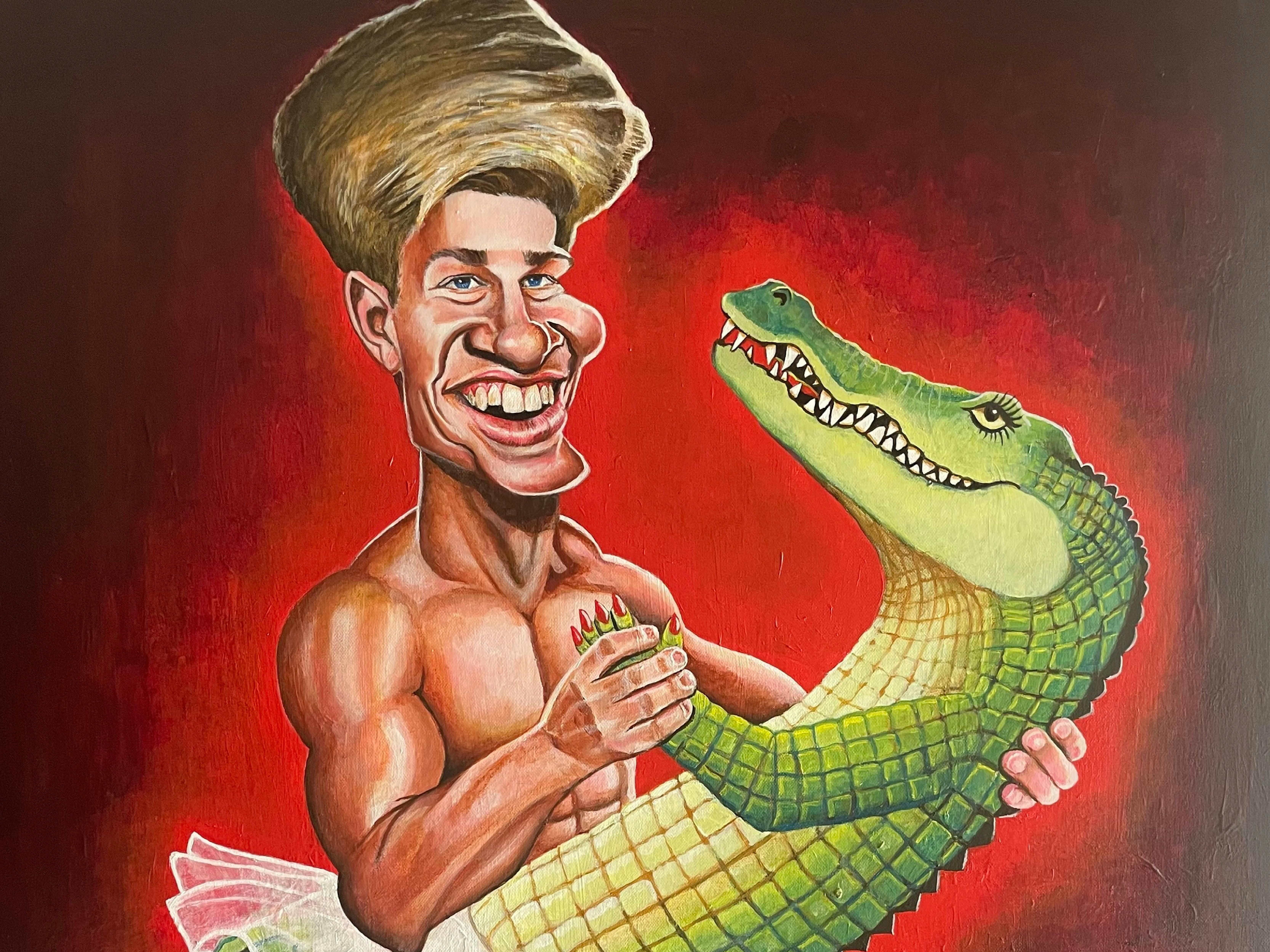 A humorous depiction of a shirtless Robert Irwin dancing with a crocodile ballroom style.