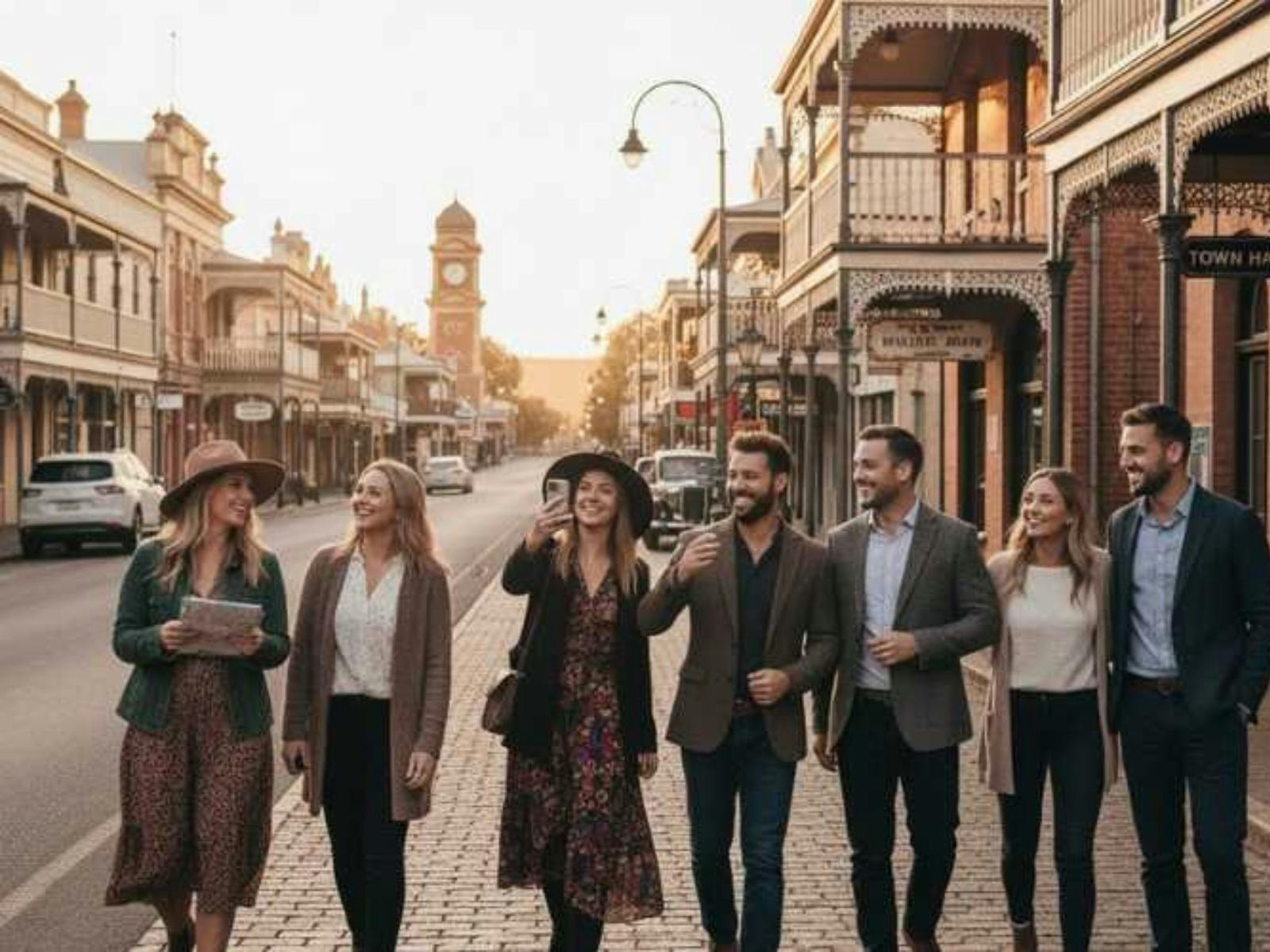 tour group walking down main street