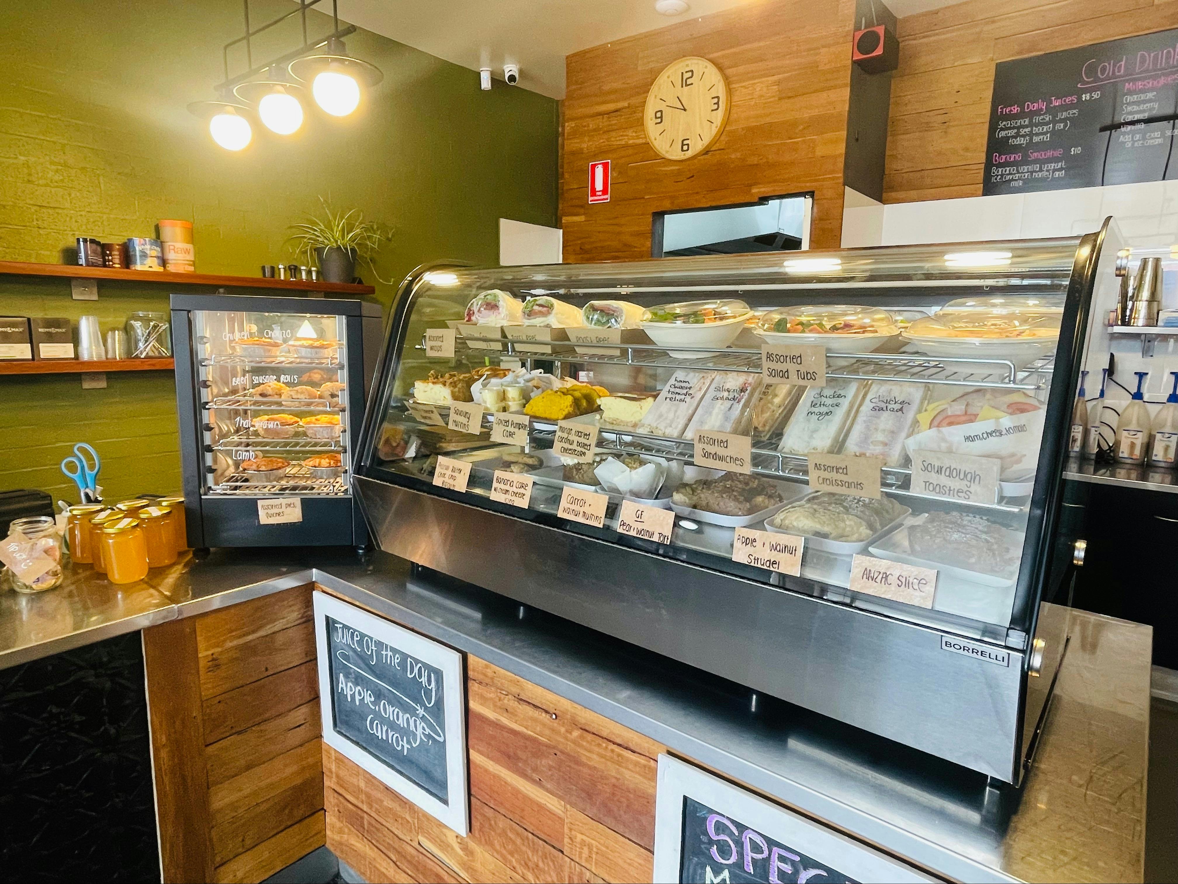 Cabinet and pie warmer loaded with fresh food every day