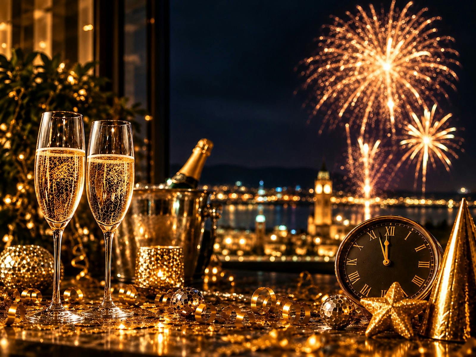 New Year’s Eve celebration with champagne, gold decorations, a midnight countdown clock and firework