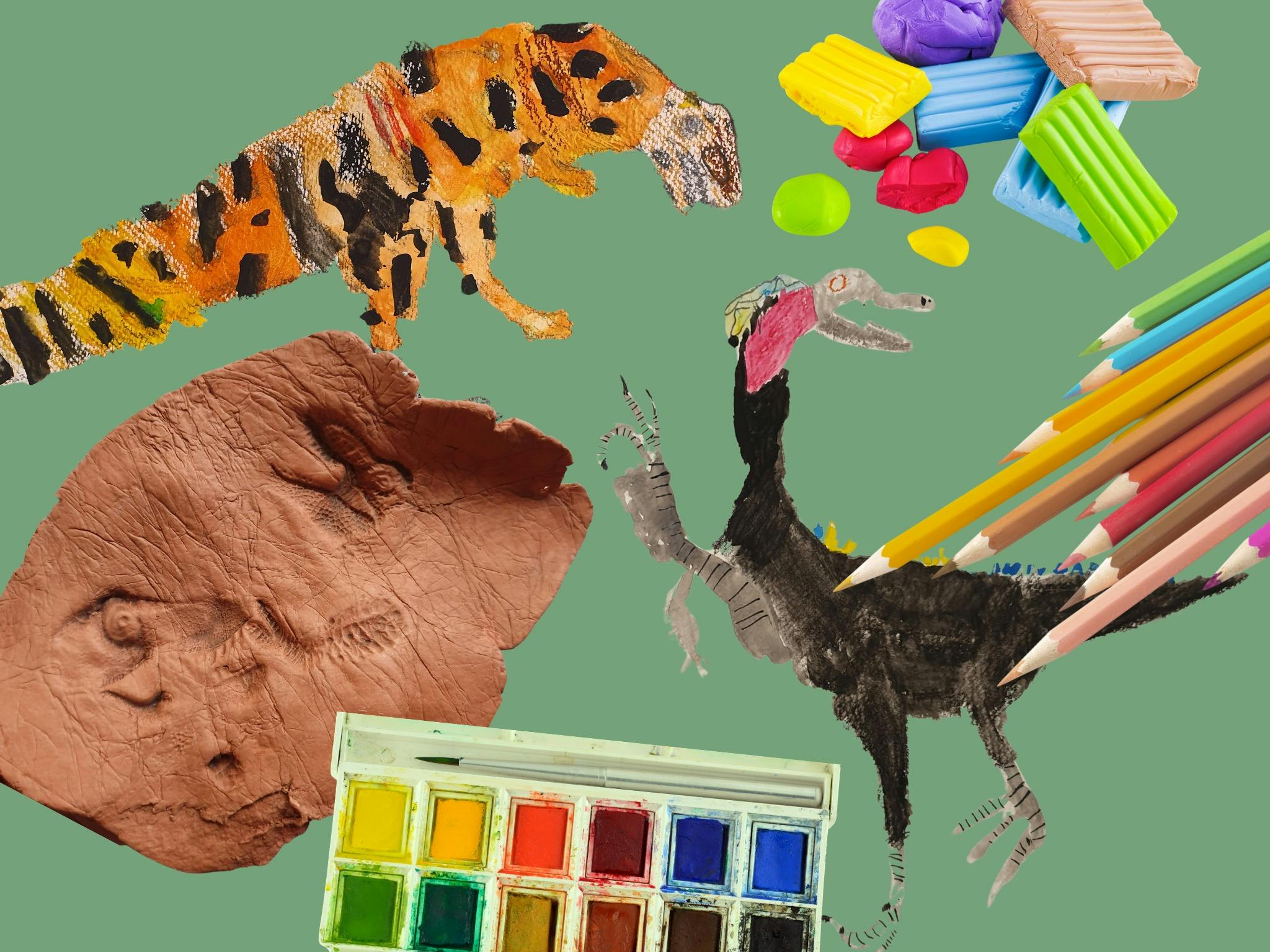 dinosaur drawings, paint, clay and fossils