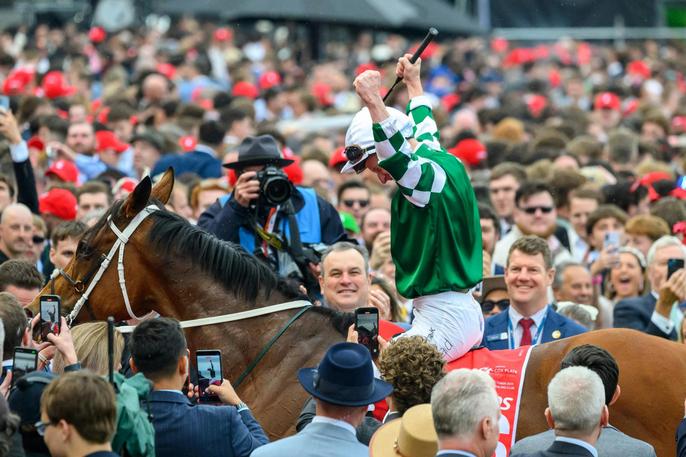 Cox Plate winning jockey James McDonald celebrates with Via Sistina at the 2025 Cox Plate