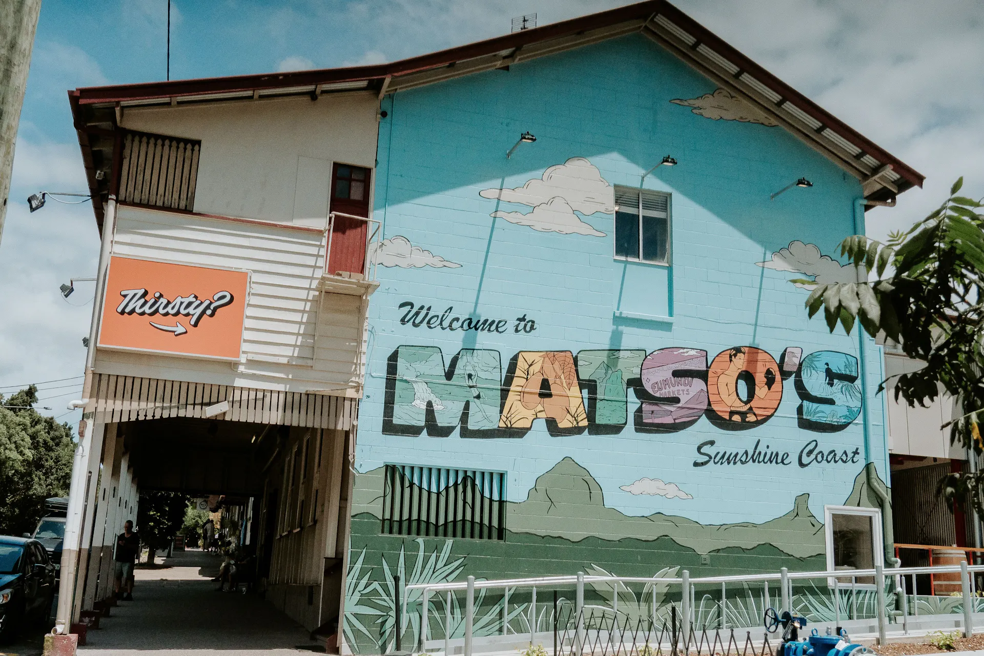 Matso's Sunshine Coast entrance mural on the side of the building