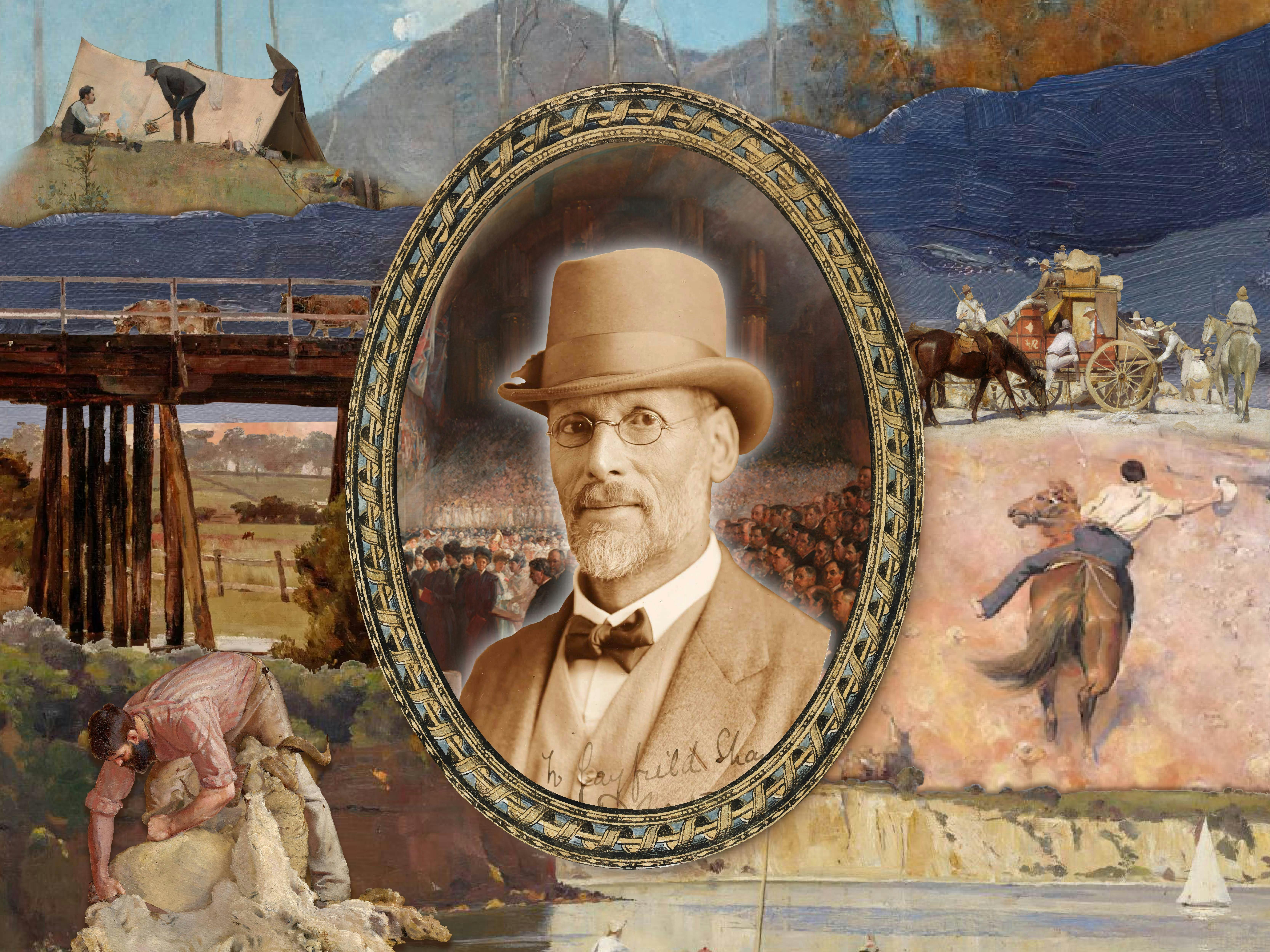 A collage of many of Tom Roberts paintings come together  a scene.