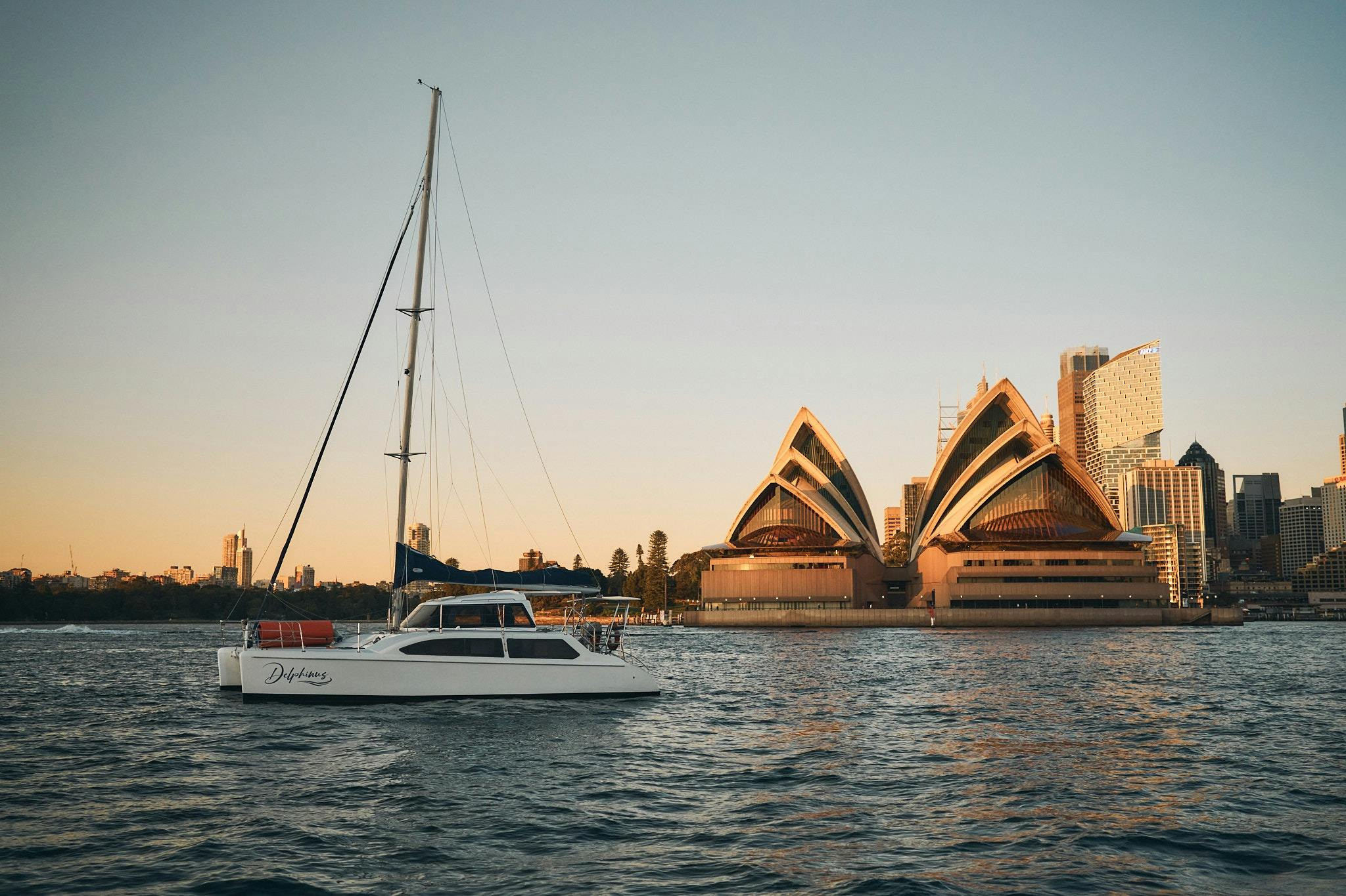 Delphinus catamaran at sunrise with full view of Sydney Opera House