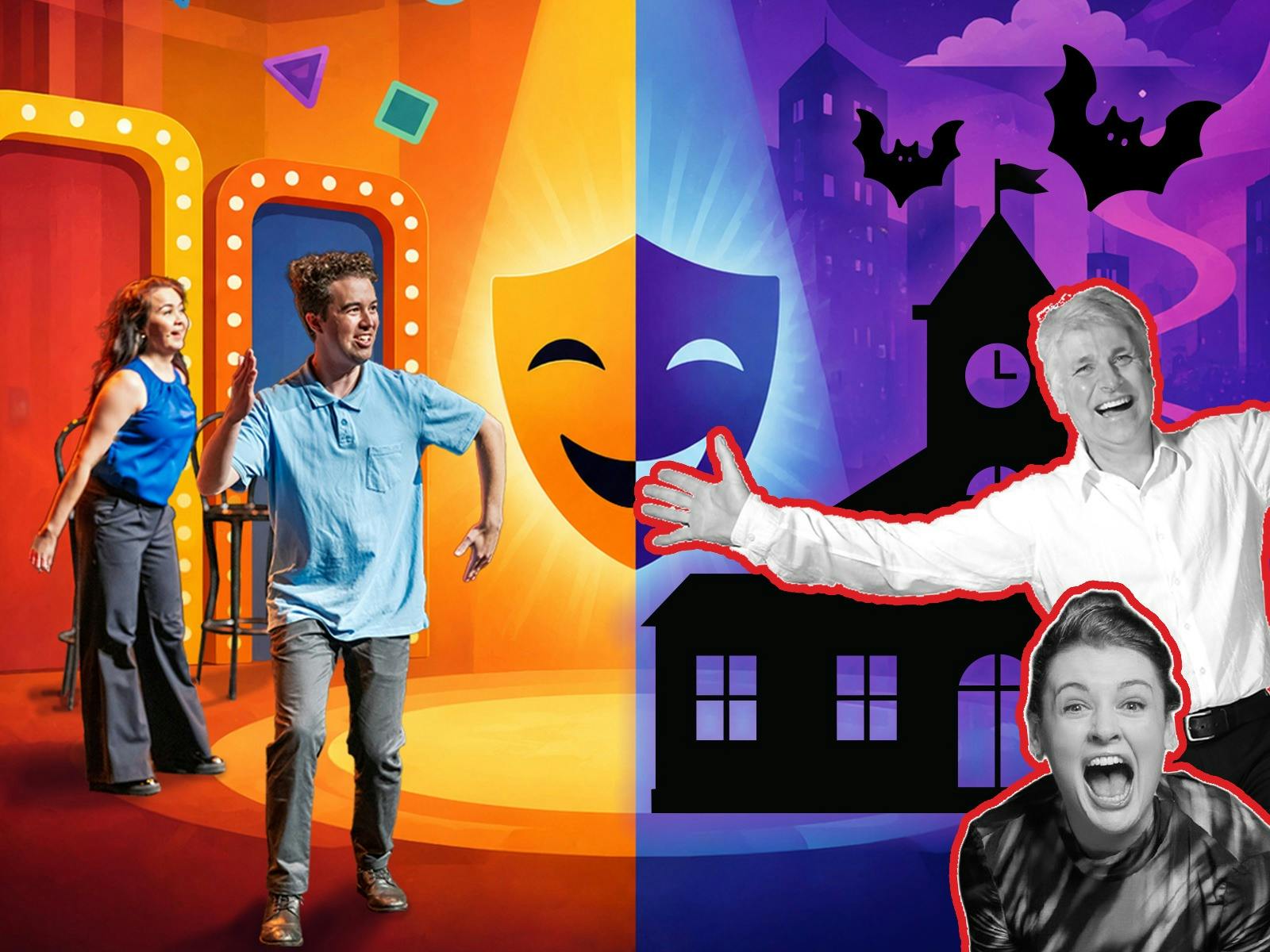 Improvisers on stage alongside special guest character comedians with bats and a town hall behind