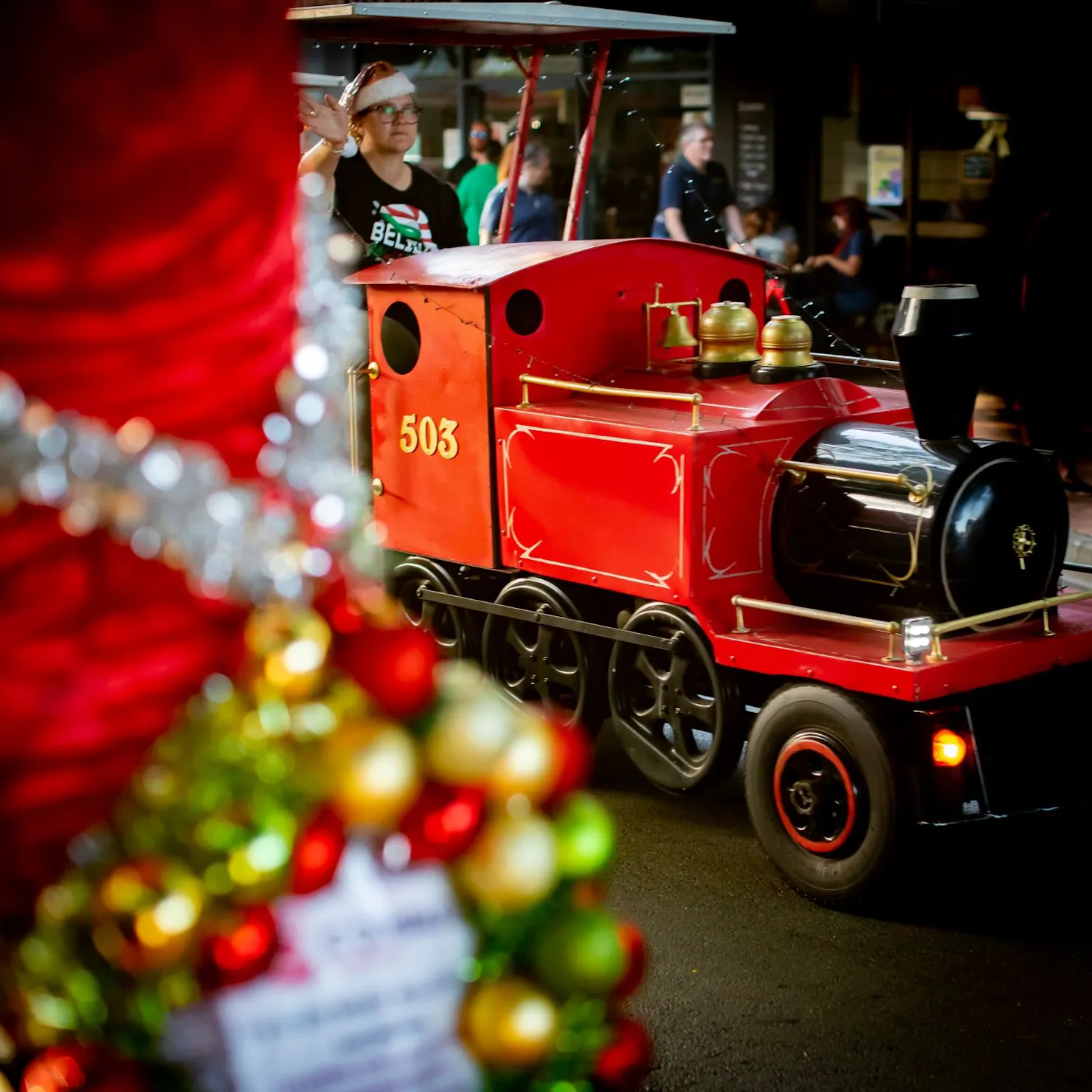 Red Train in Mary Street with bauble baubles