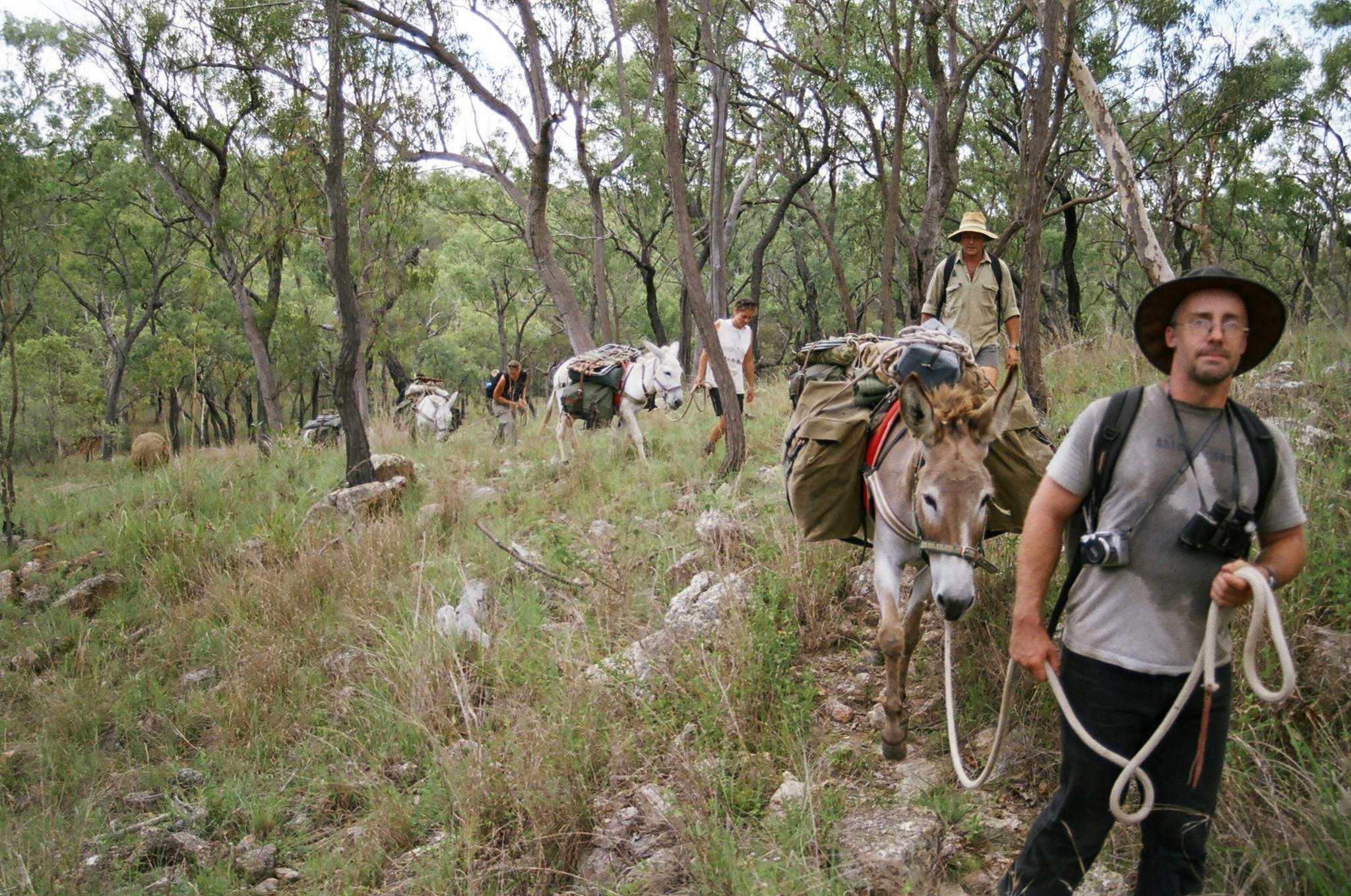 Traversing some rocky terrain with a donkey pack team during a Wild River Ramble Trek