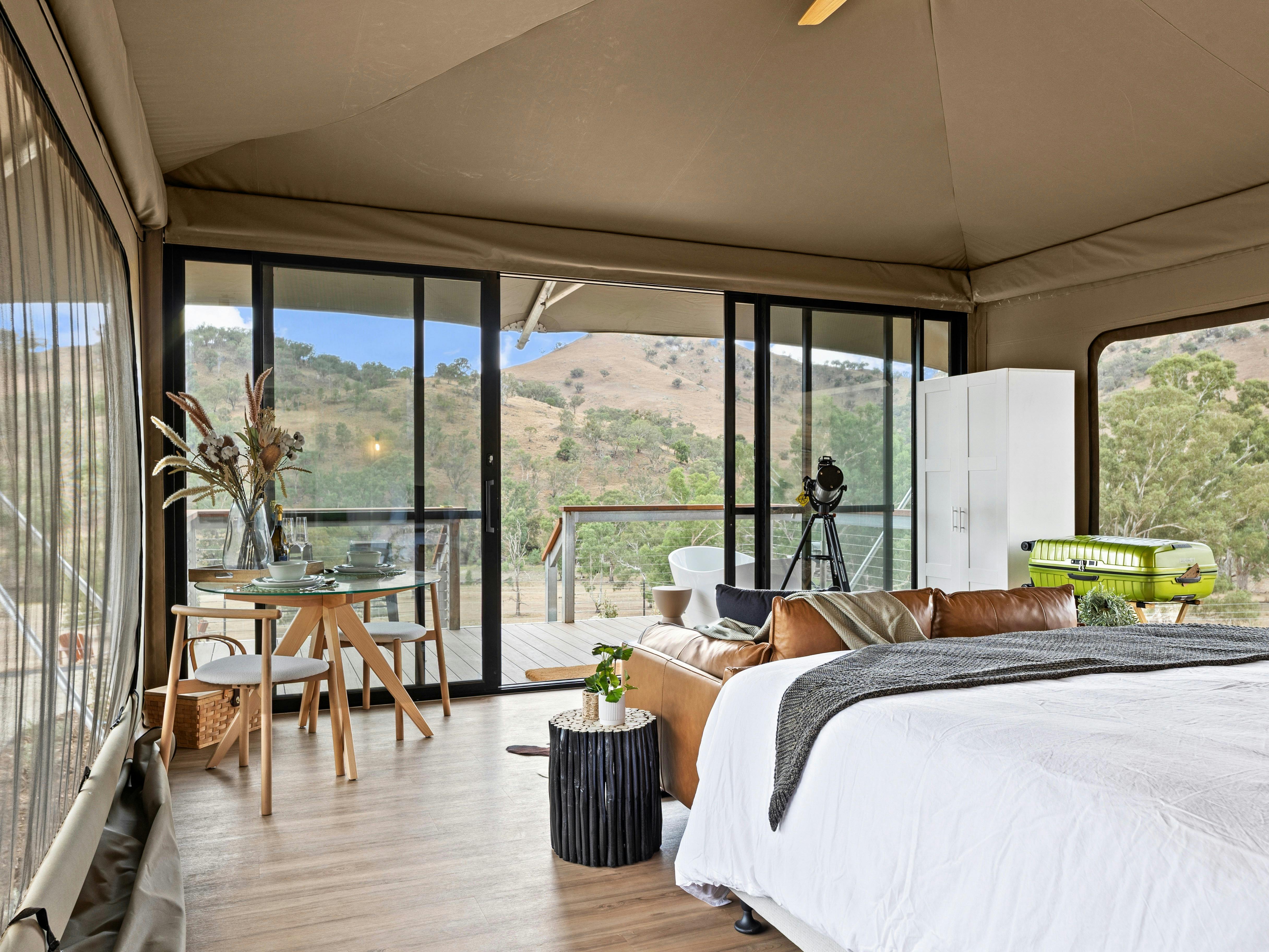 Inside the luxe tent looking out to the front deck