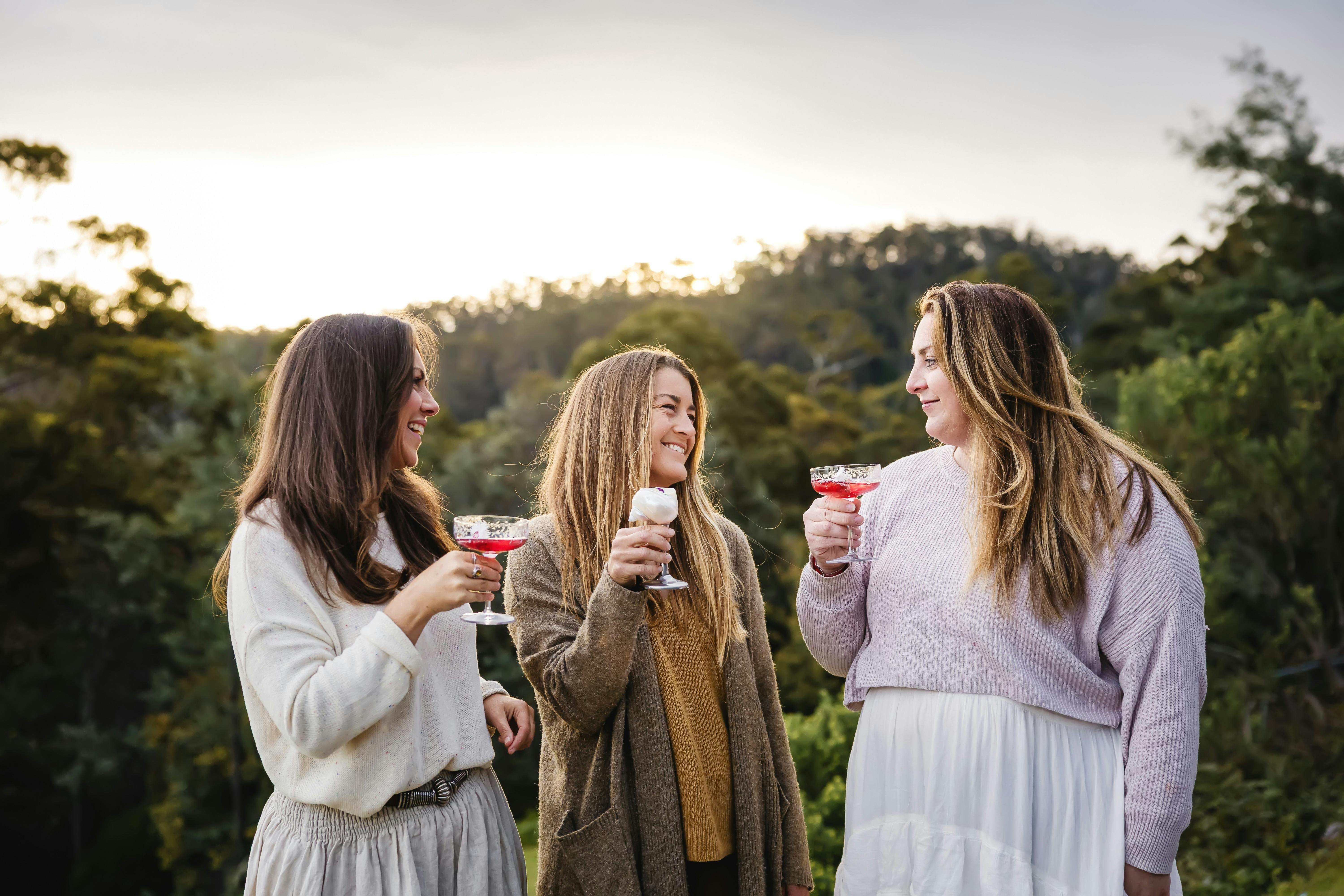 Pirates Bay Lookout, three girls drinking flower essence cocktail