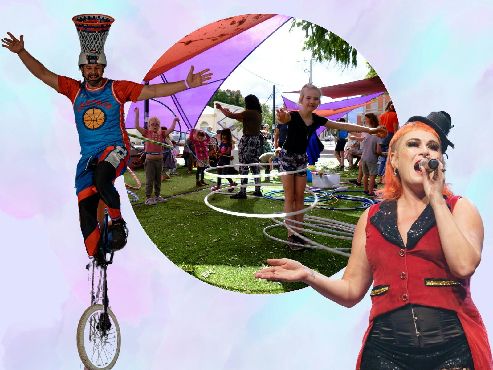 Man on a unicycle with a basketball ring on his head, kids playing with hula hoops & a woman singing