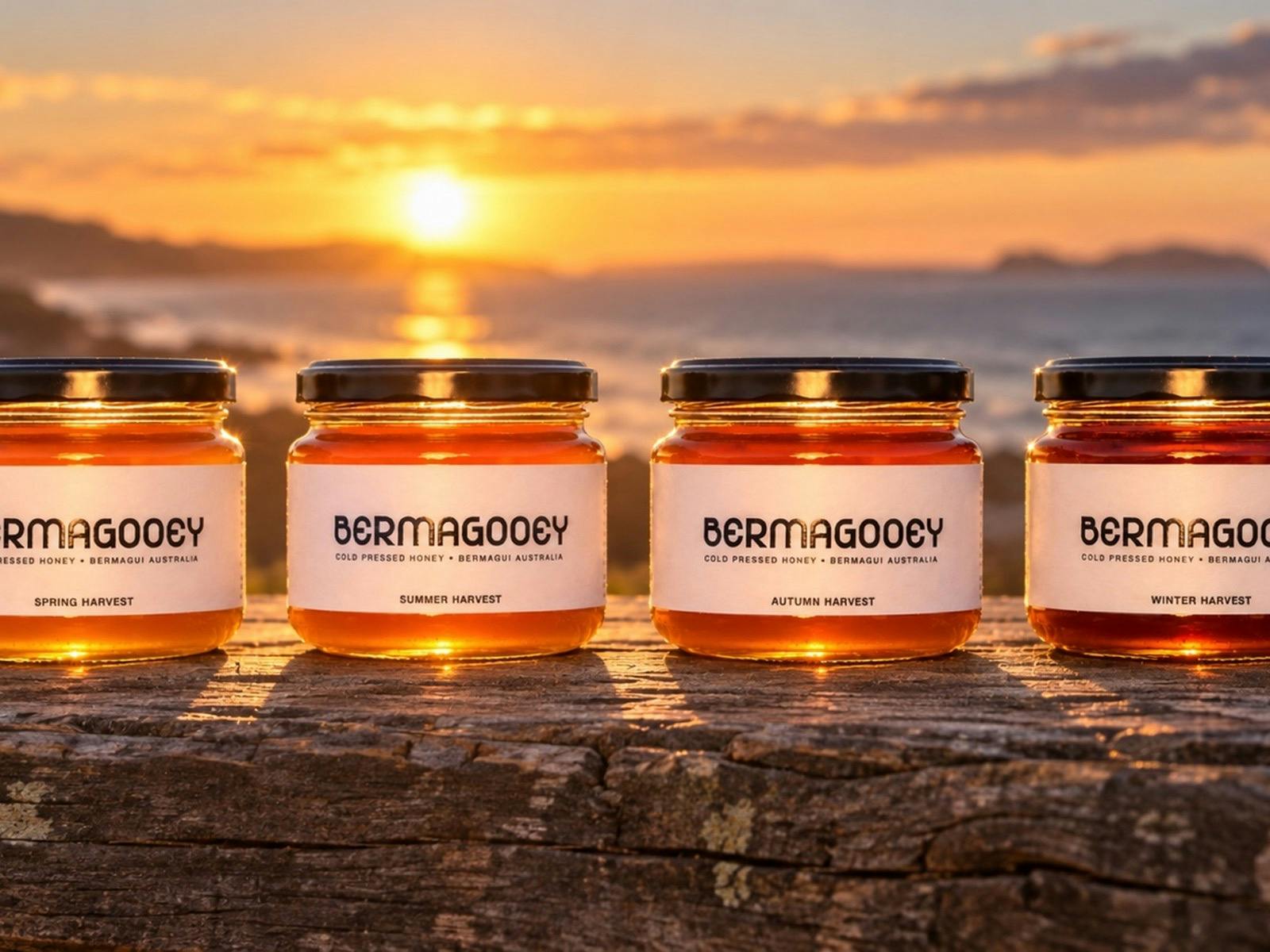 Four jars Bermagooey honey_on bench_at sunset