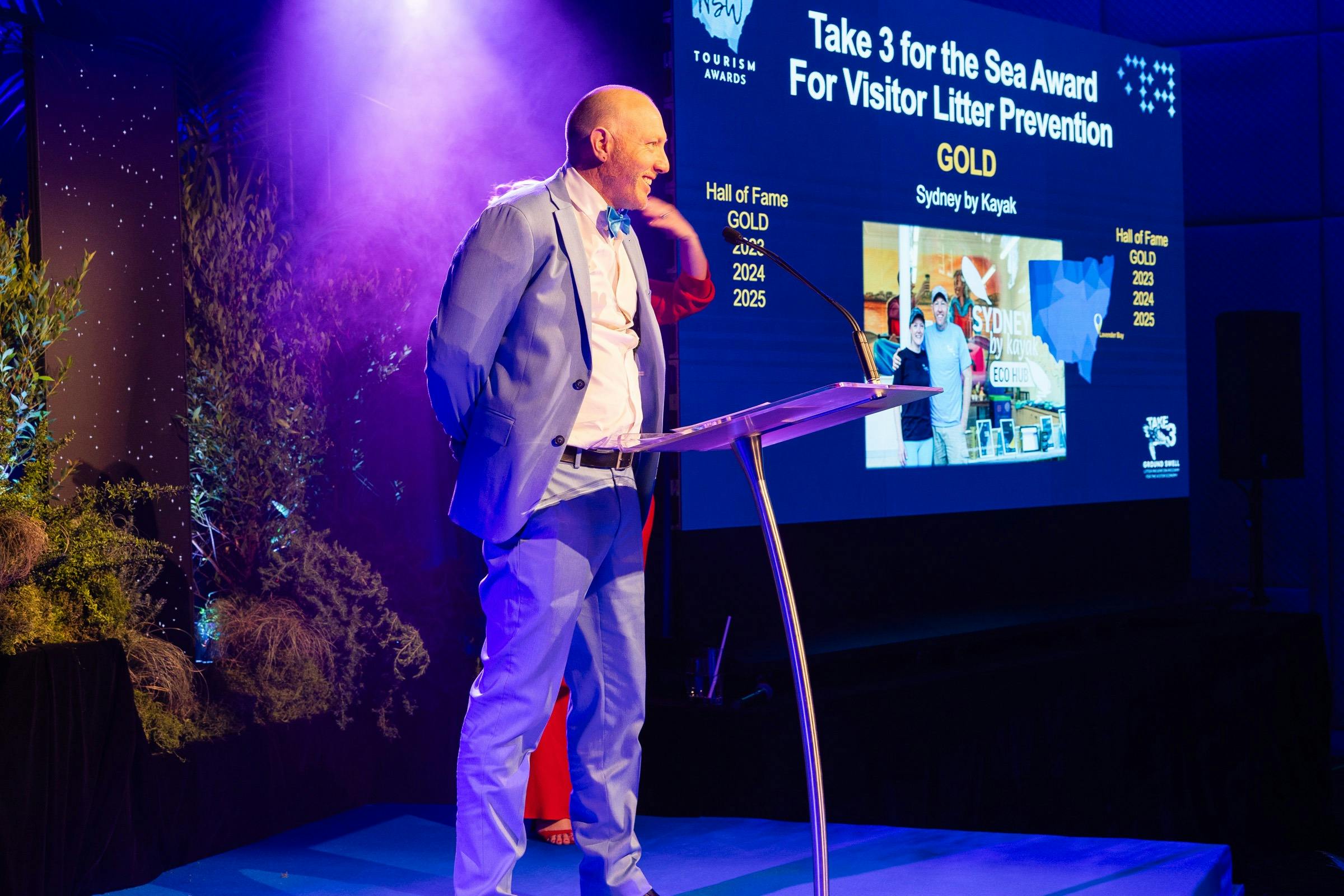Laura Stone's husband, Benjamine Pike gives speech at NSW Tourism Awards 2025 after receiving gold.
