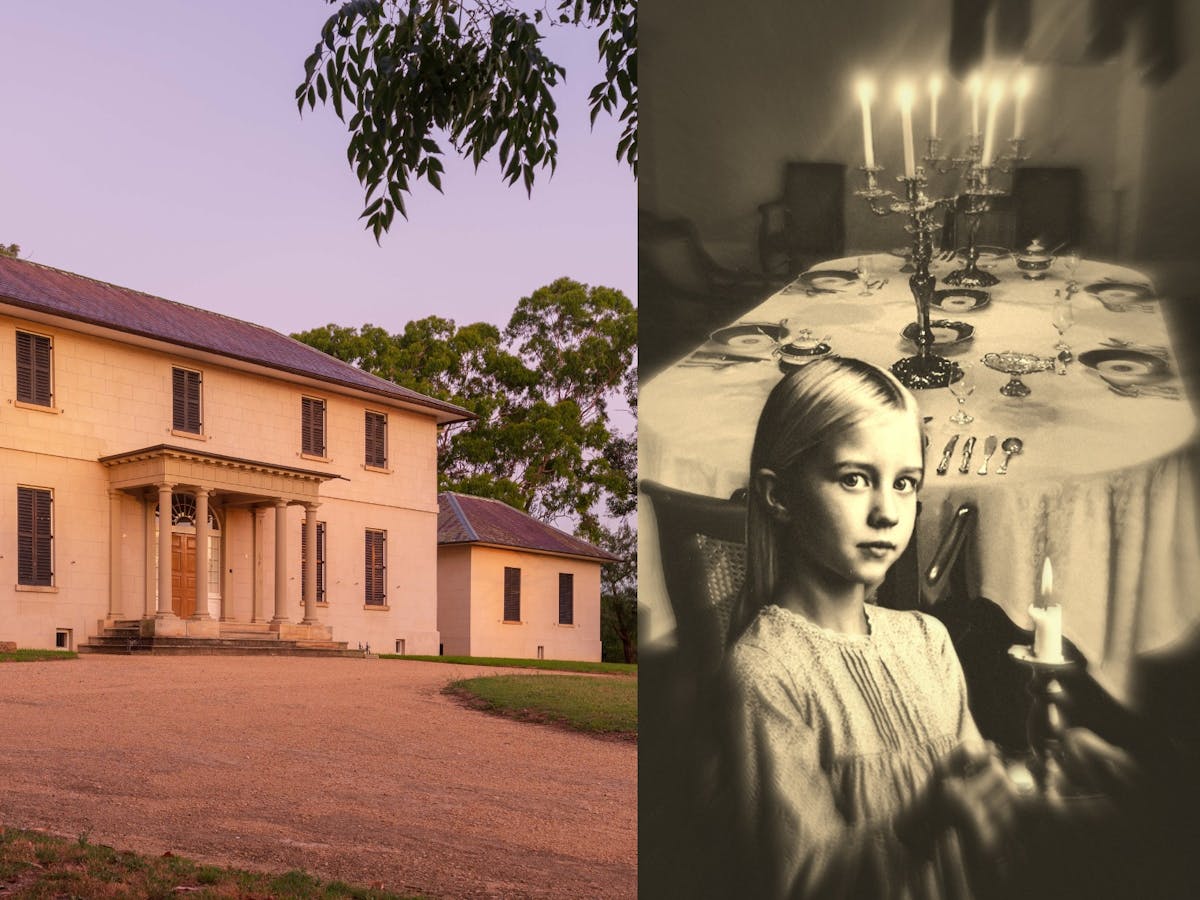 On the left, an image of a historic building looms at dusk. A ghostly child stands with a candles