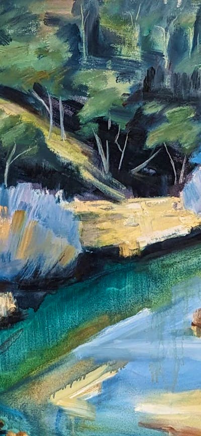 A landscape painting depicting a vibrant creek flowing through a bushy landscape