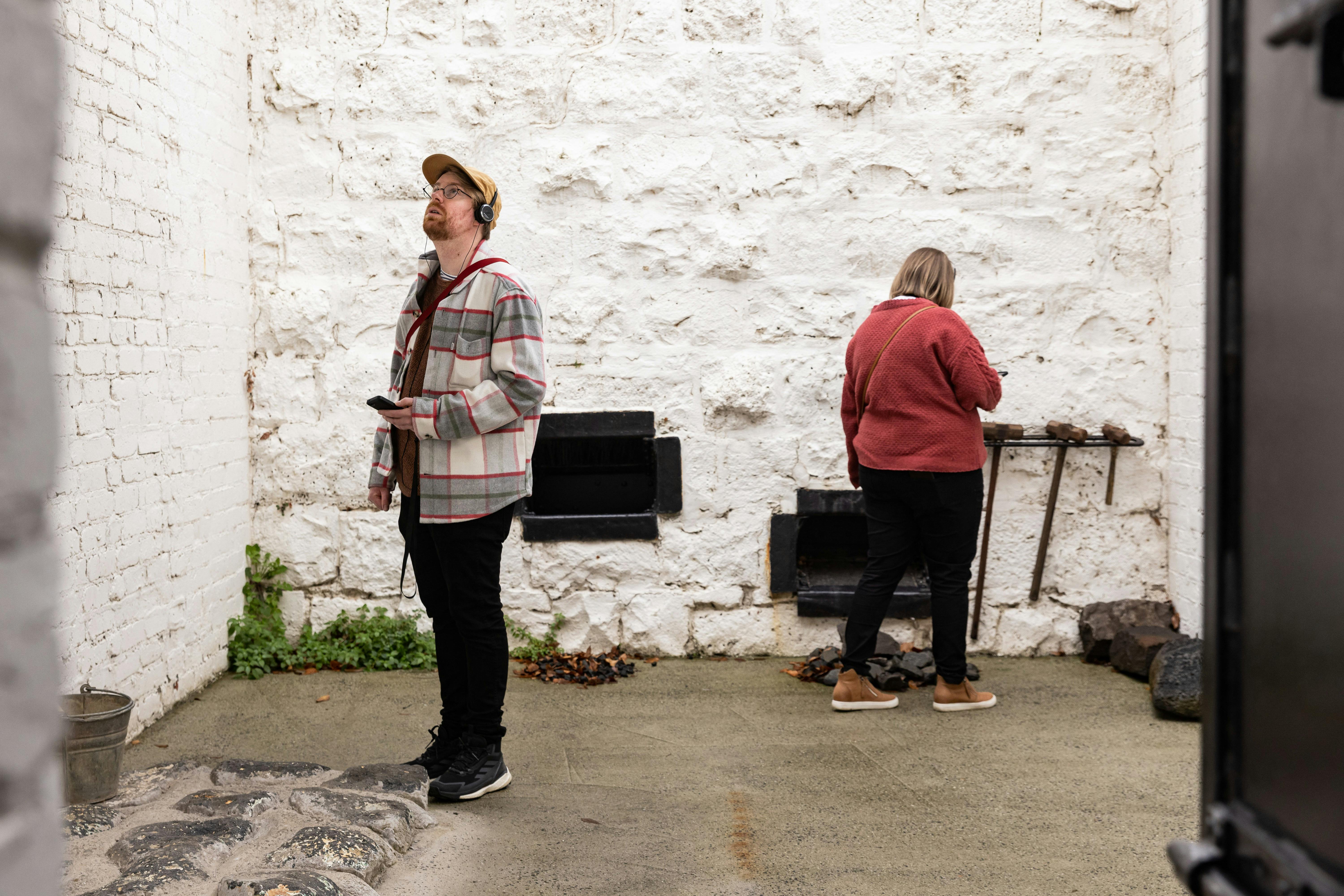 Two people exploring the rock braking yards