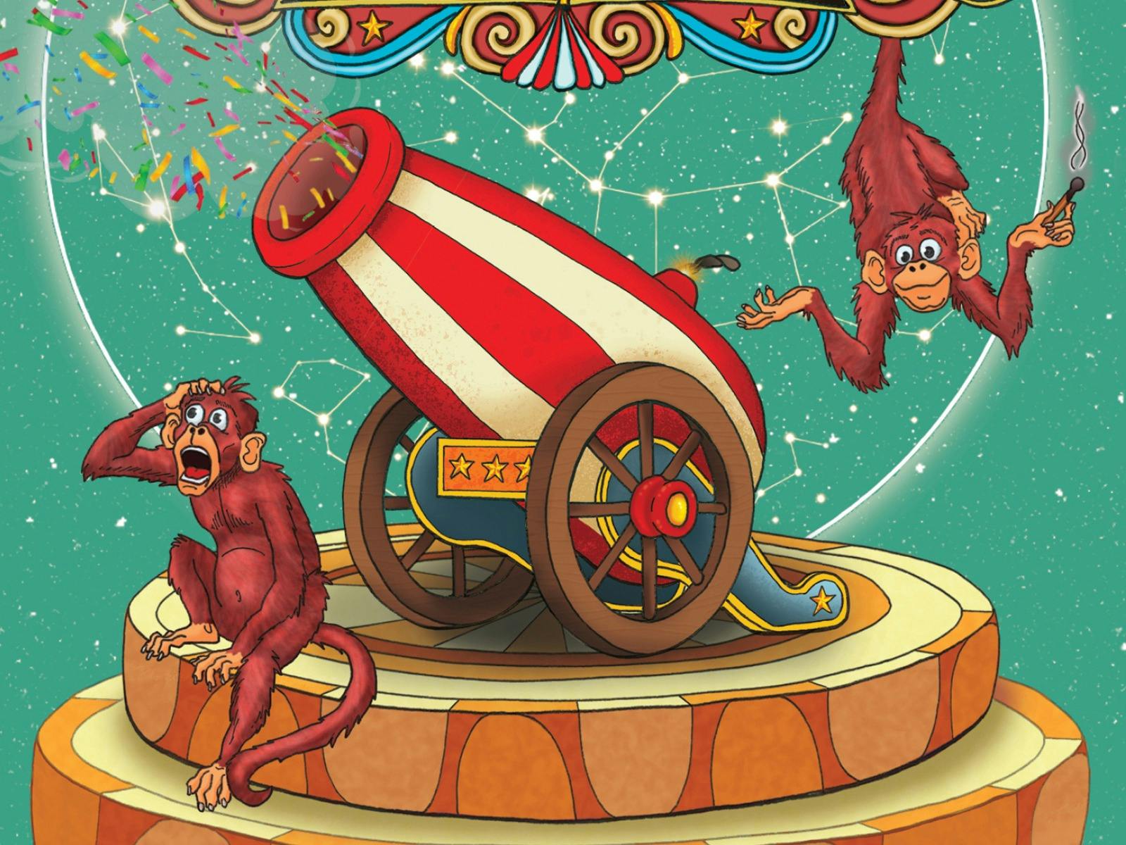 Two monkeys firing a circus cannon