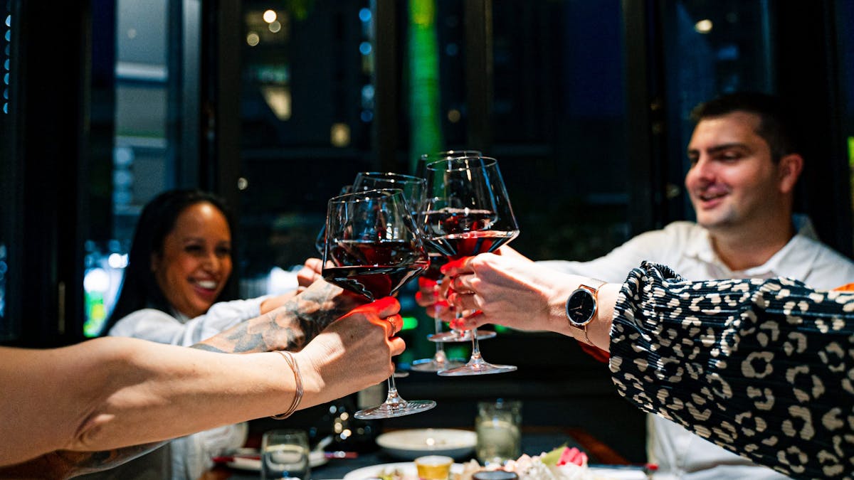 people cheersing red wine