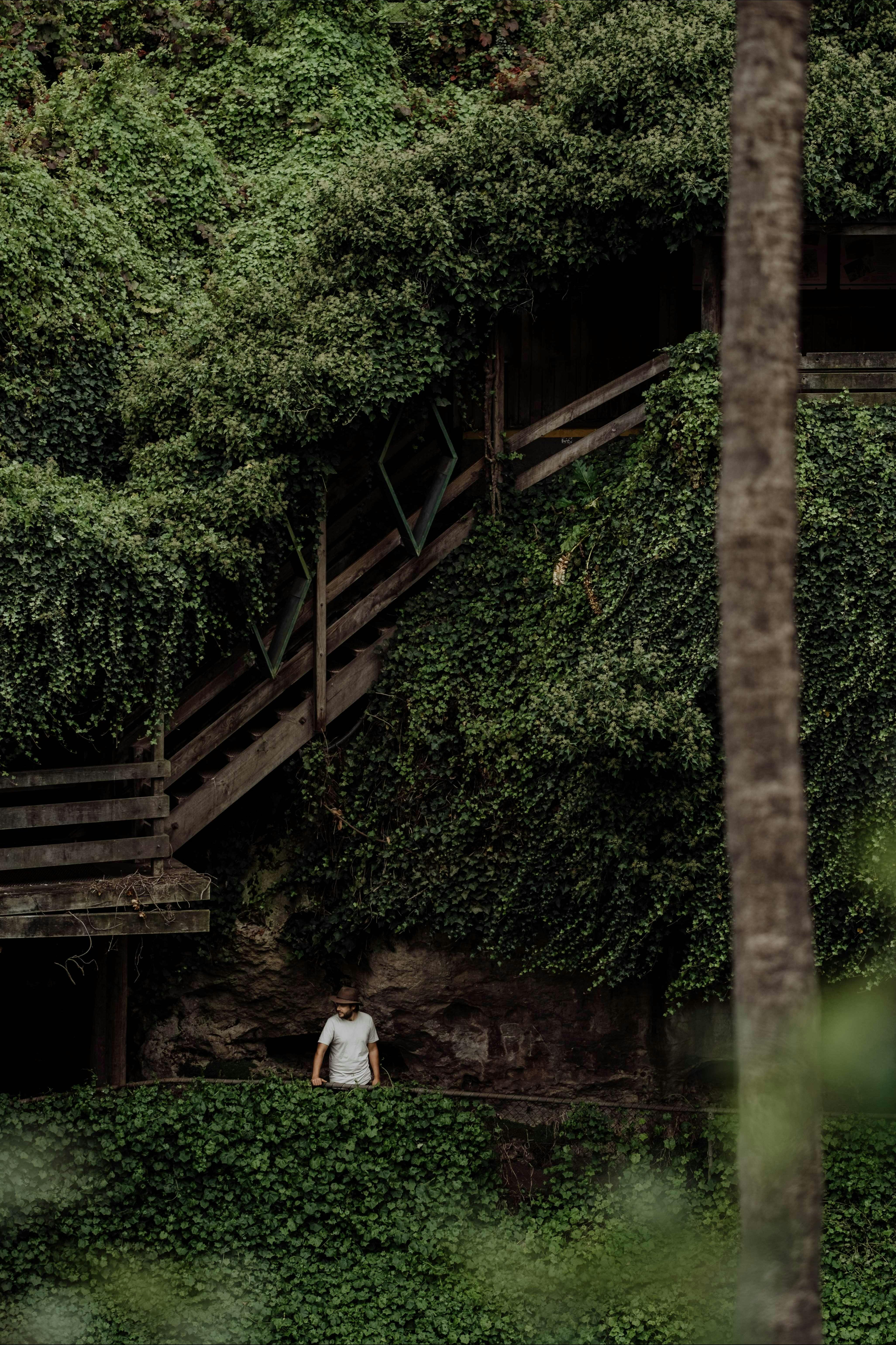 Person walking along the inside ledge of the sinkhole
