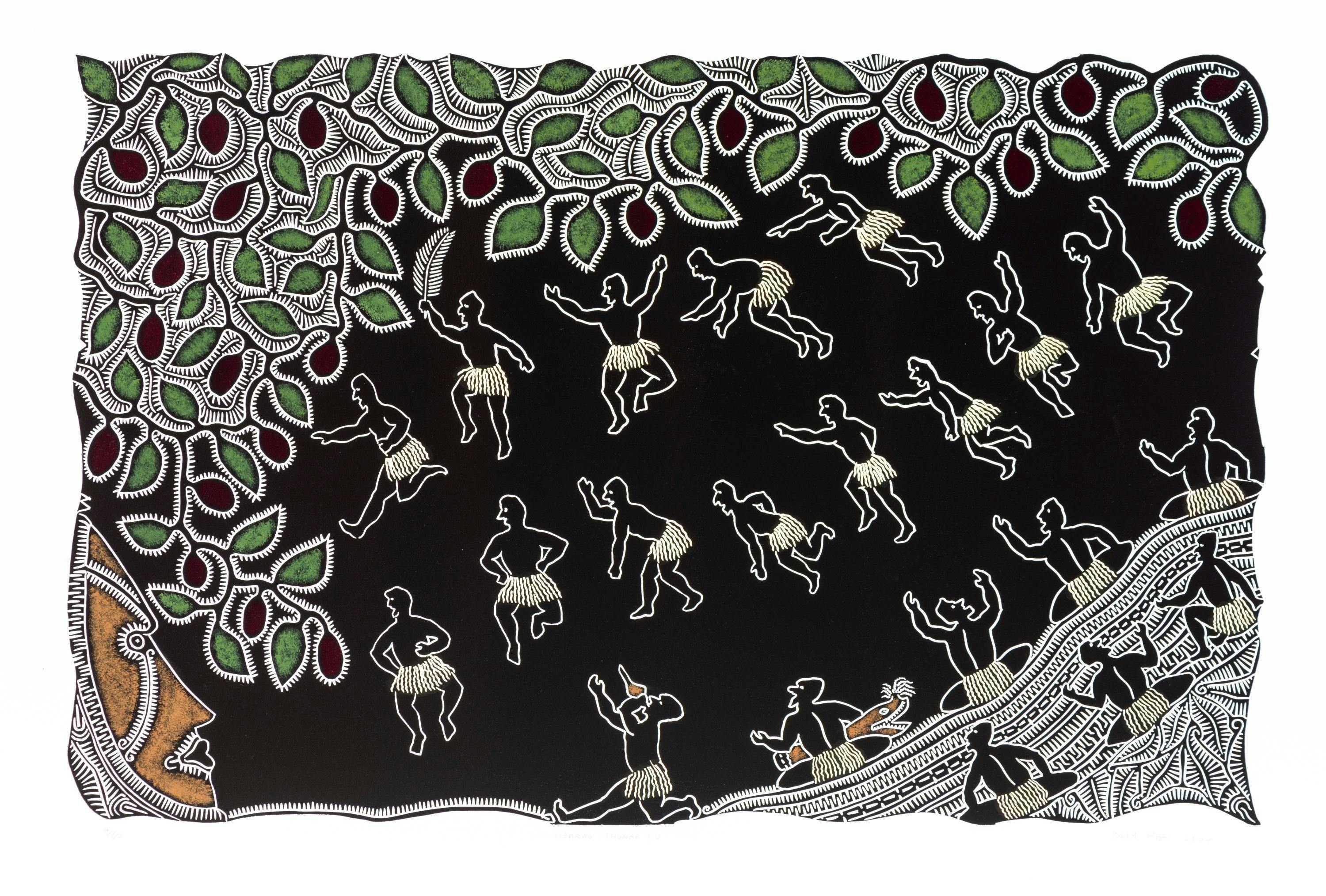 Linoleum cut by Billy Missi printed in black ink from one block and hand coloured.