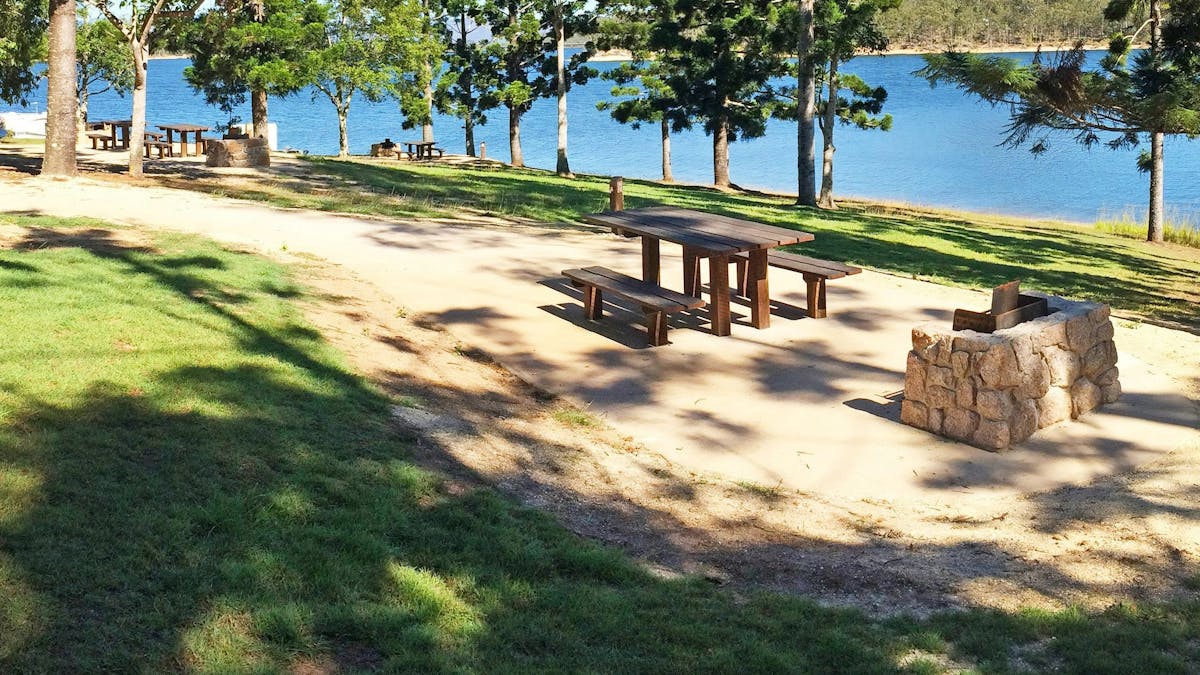 Picnic tables and wood-fired barbeque under hoop pines beside Lake Tinaroo.