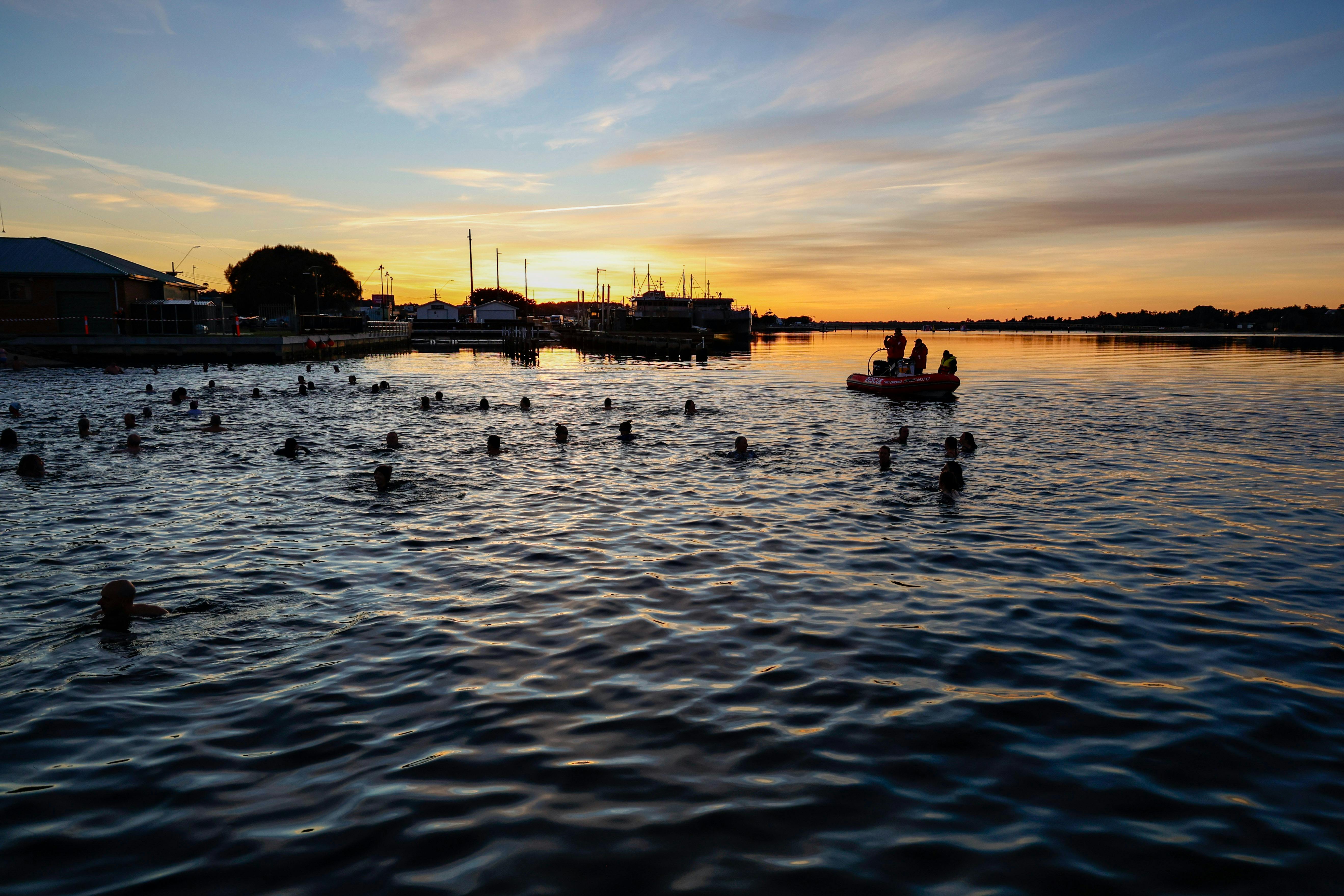 A large group of people swimming in a lake at sunrise with a coast guard boat in the background