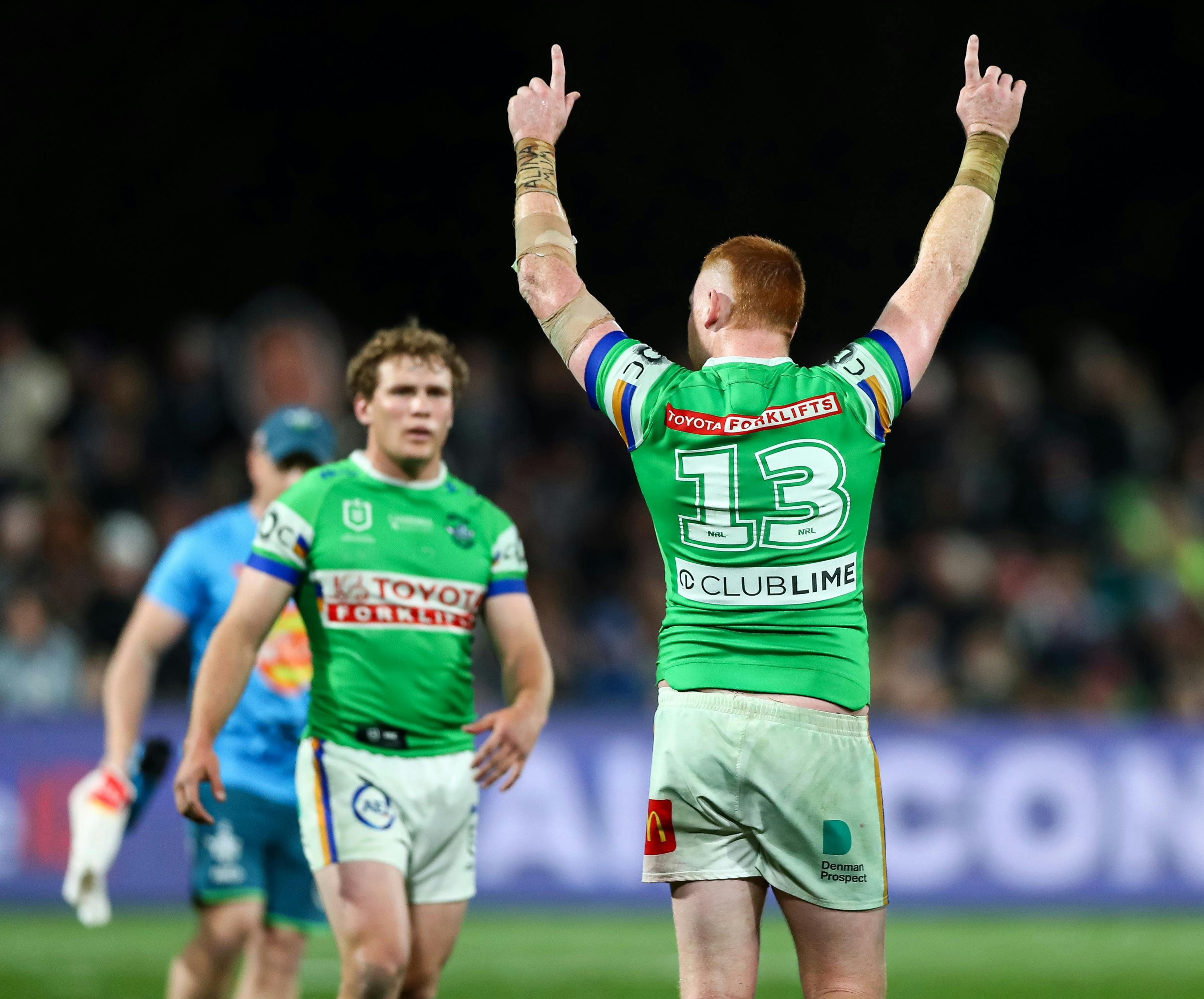 Canberra Raiders player Corey Horsburgh celebrating.