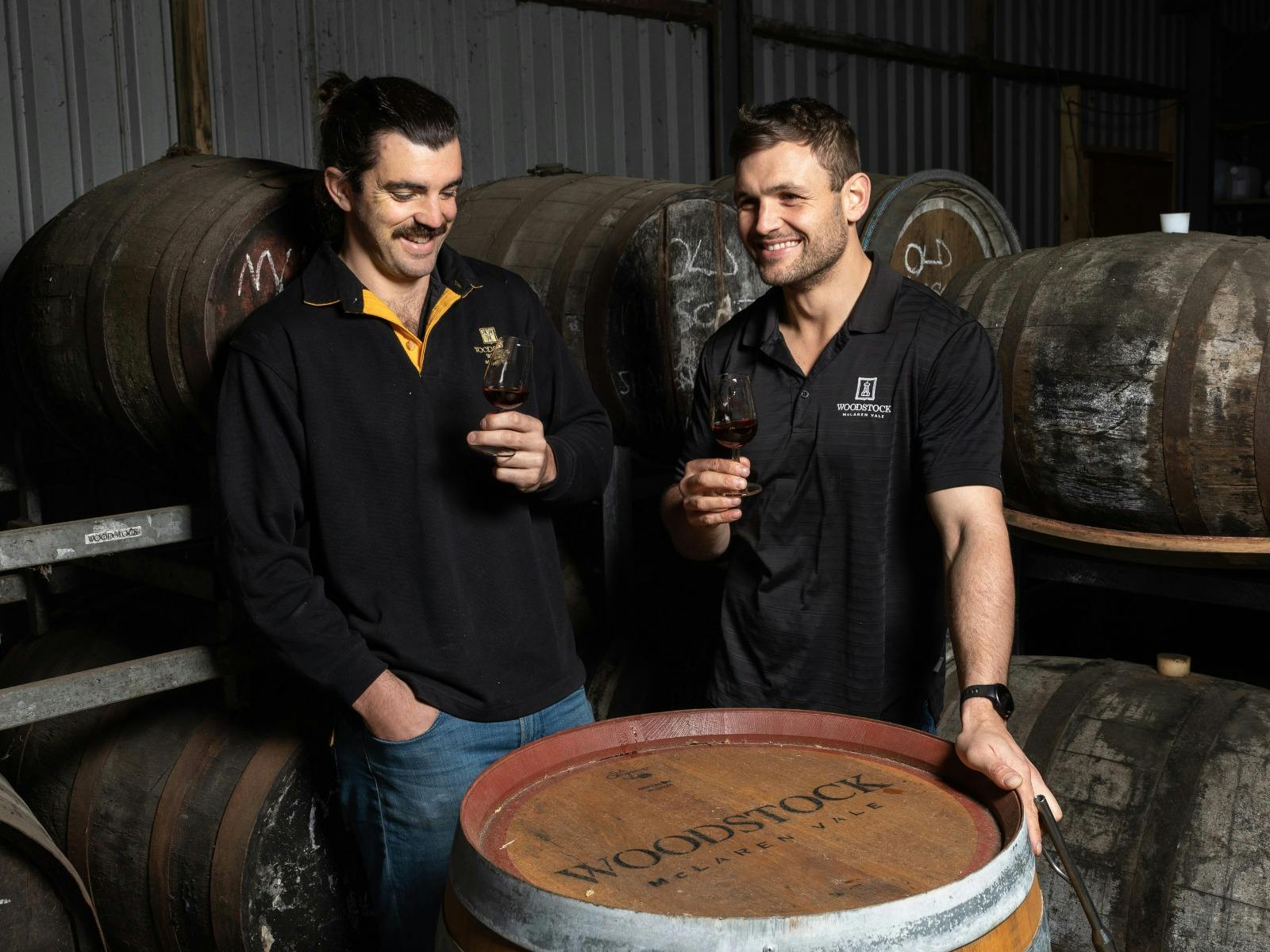 Max and Peter Collett in the Woodstock Wine fortified cellar