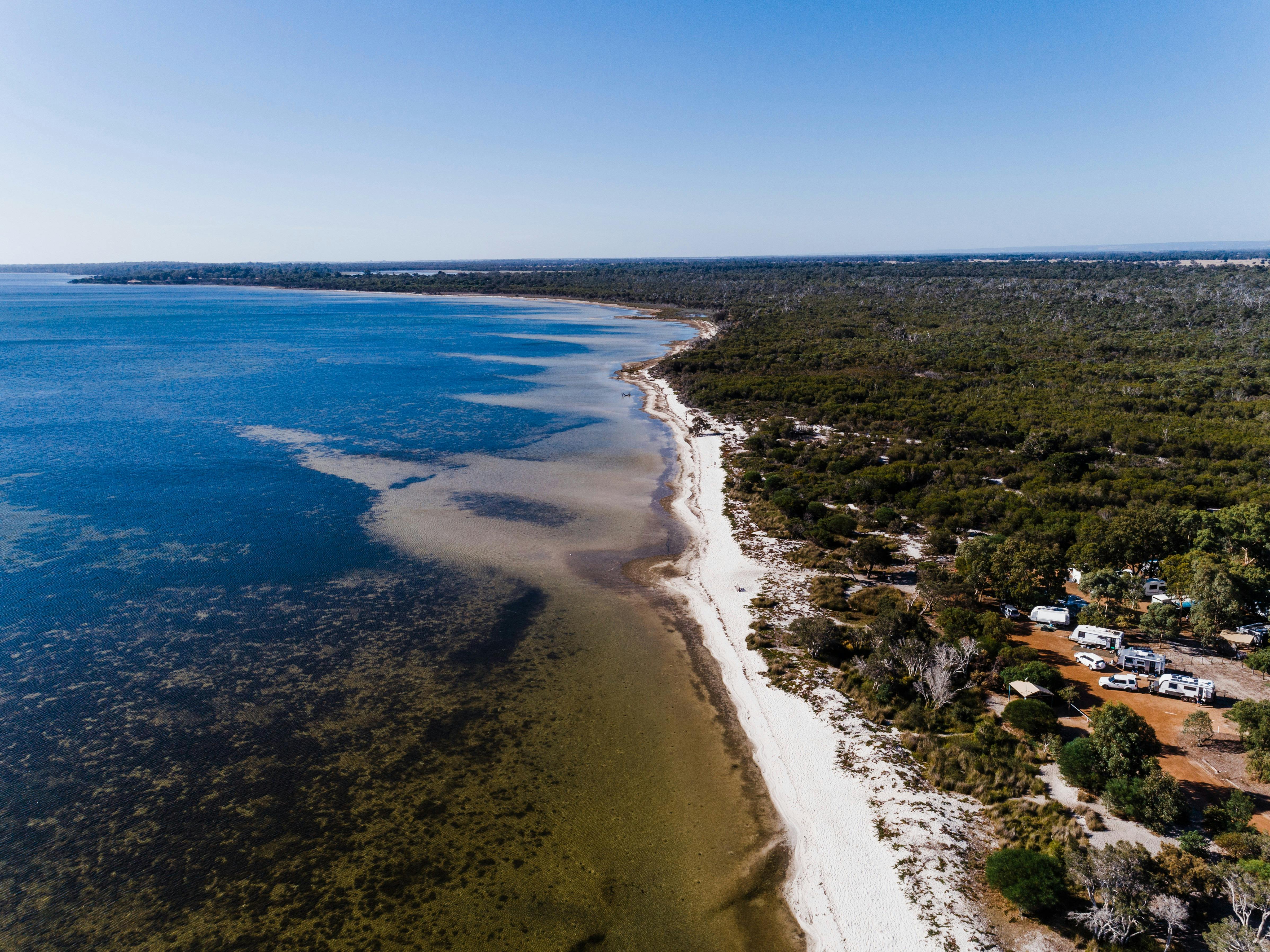 Aerial photo of Herron Point Campground on the shore of the Peel-Harvey Estuary