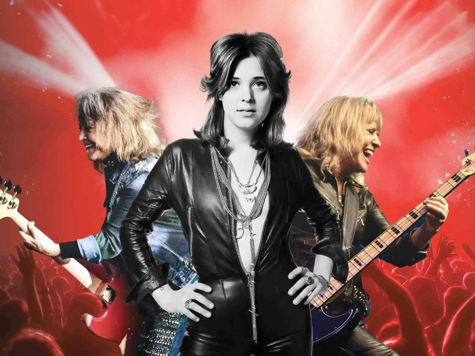 A woman in a leather jumpsuit poses with hands on hips, flanked by two images of a musician.