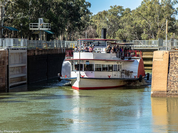Paddle Vessel Rothbury exiting Lock 11 on the Murray River