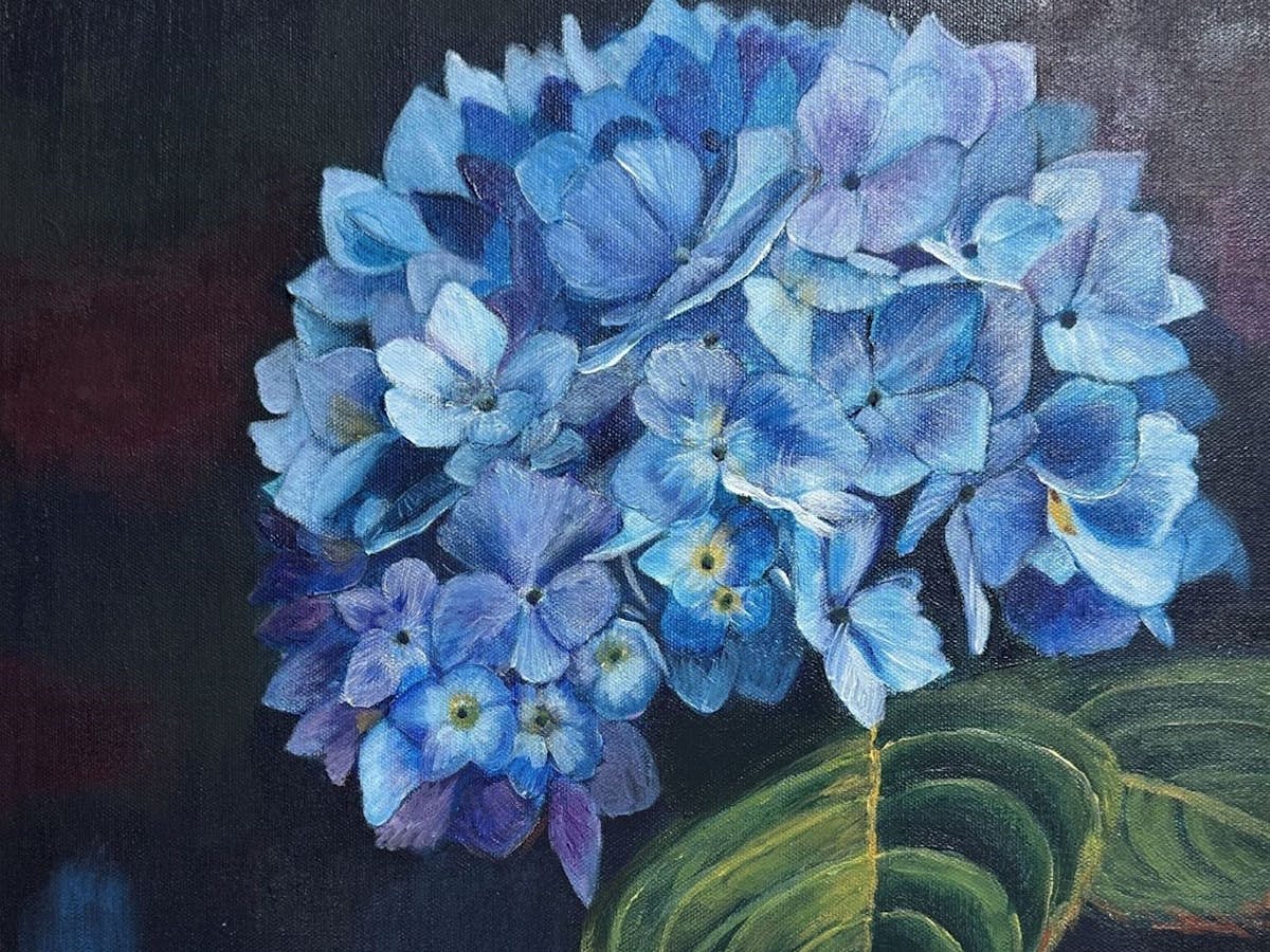 A painting of a bunch of blue hydrangeas