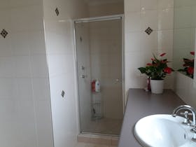 Stand alone shower. Glass door, tiled.Single vanity and long benchtop. Planter and wall mirror