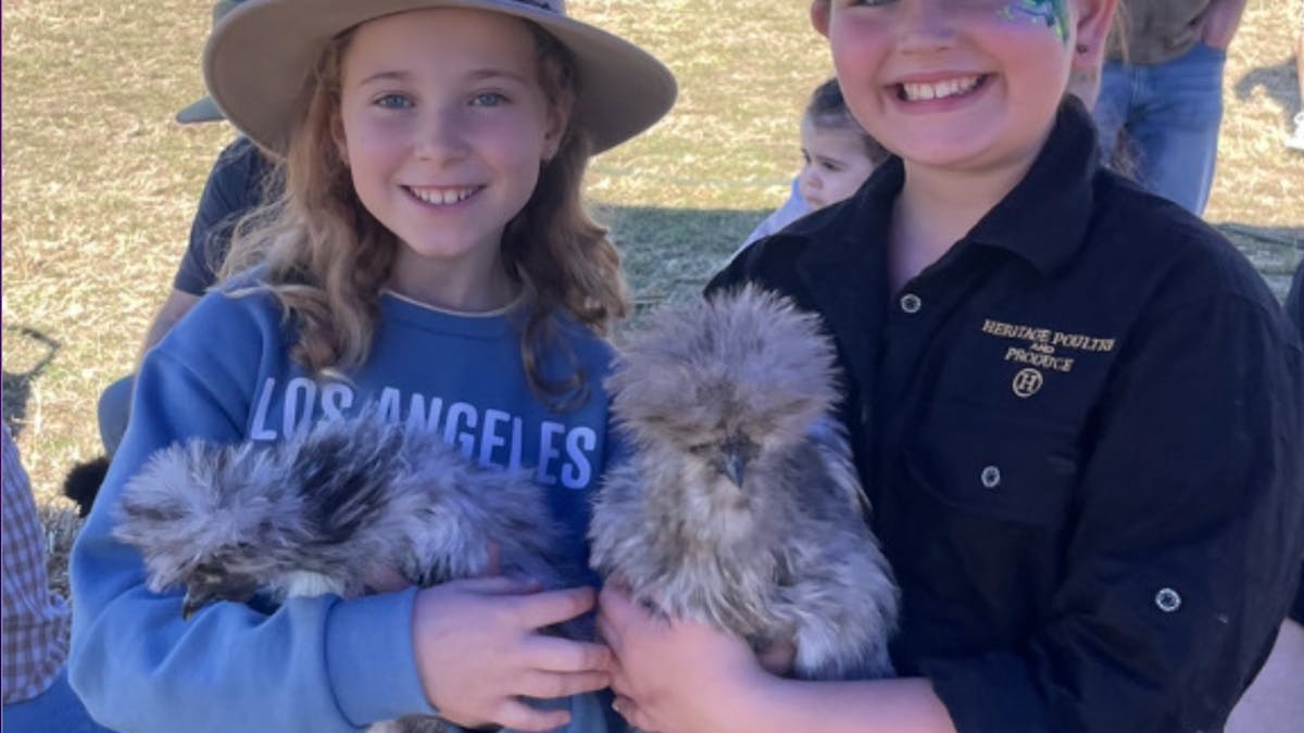 two girls holding silkie chickens