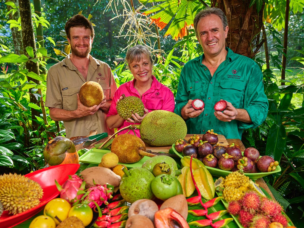 Sam, Merran & Jeremy Blockey with colourful fruit at Cape Trib Farm