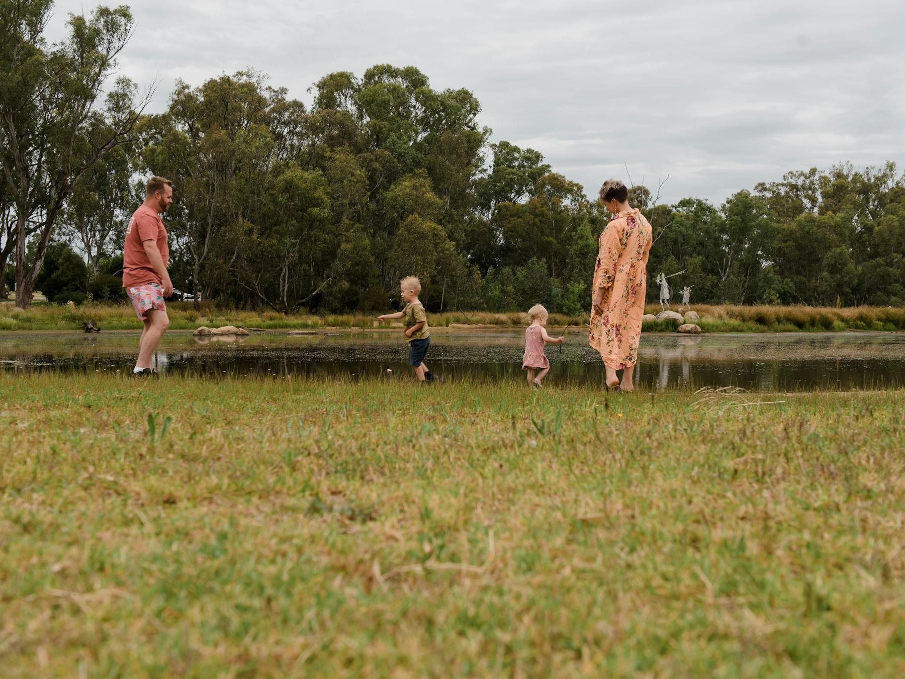 Family looking at the bird life at the wetlands