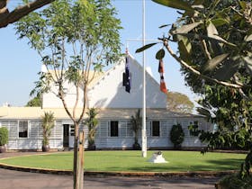 Front view of Government House with flag pole and frangipani tree in the foreground