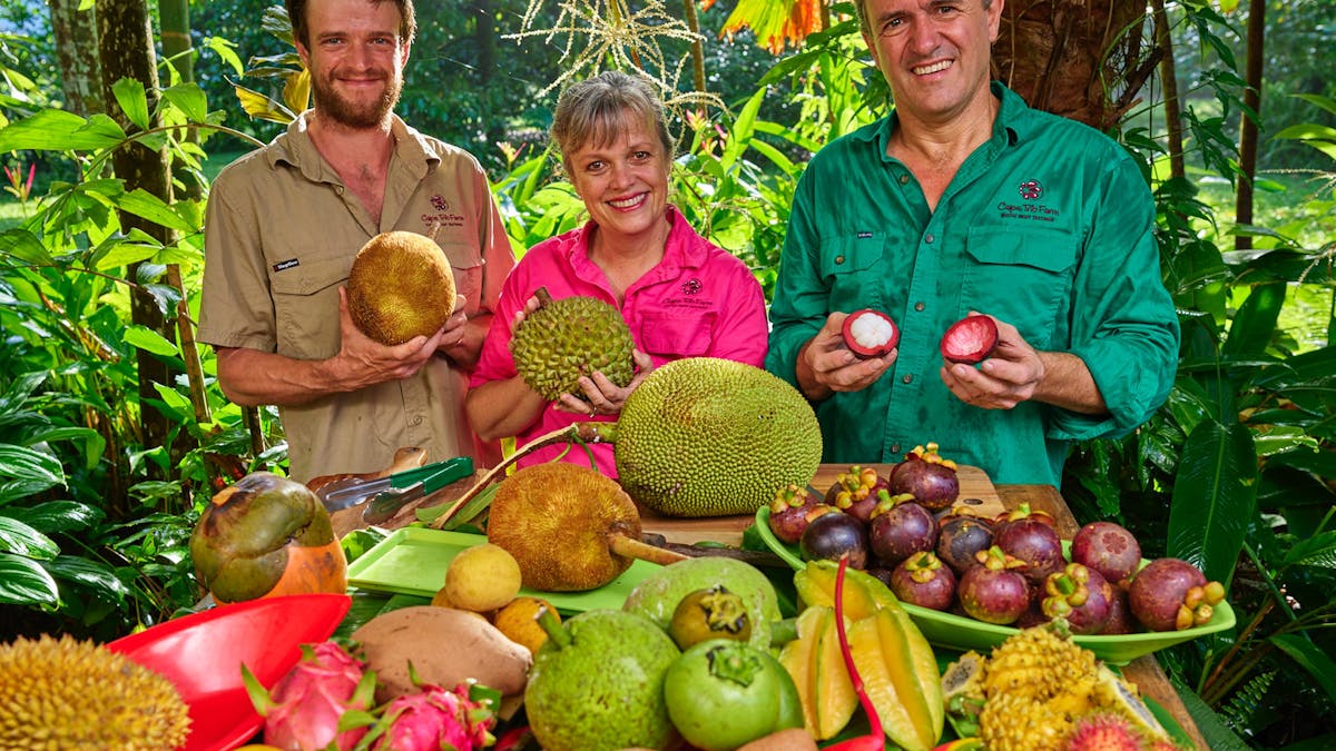Blockey family with fruit at Cape Trib Farm