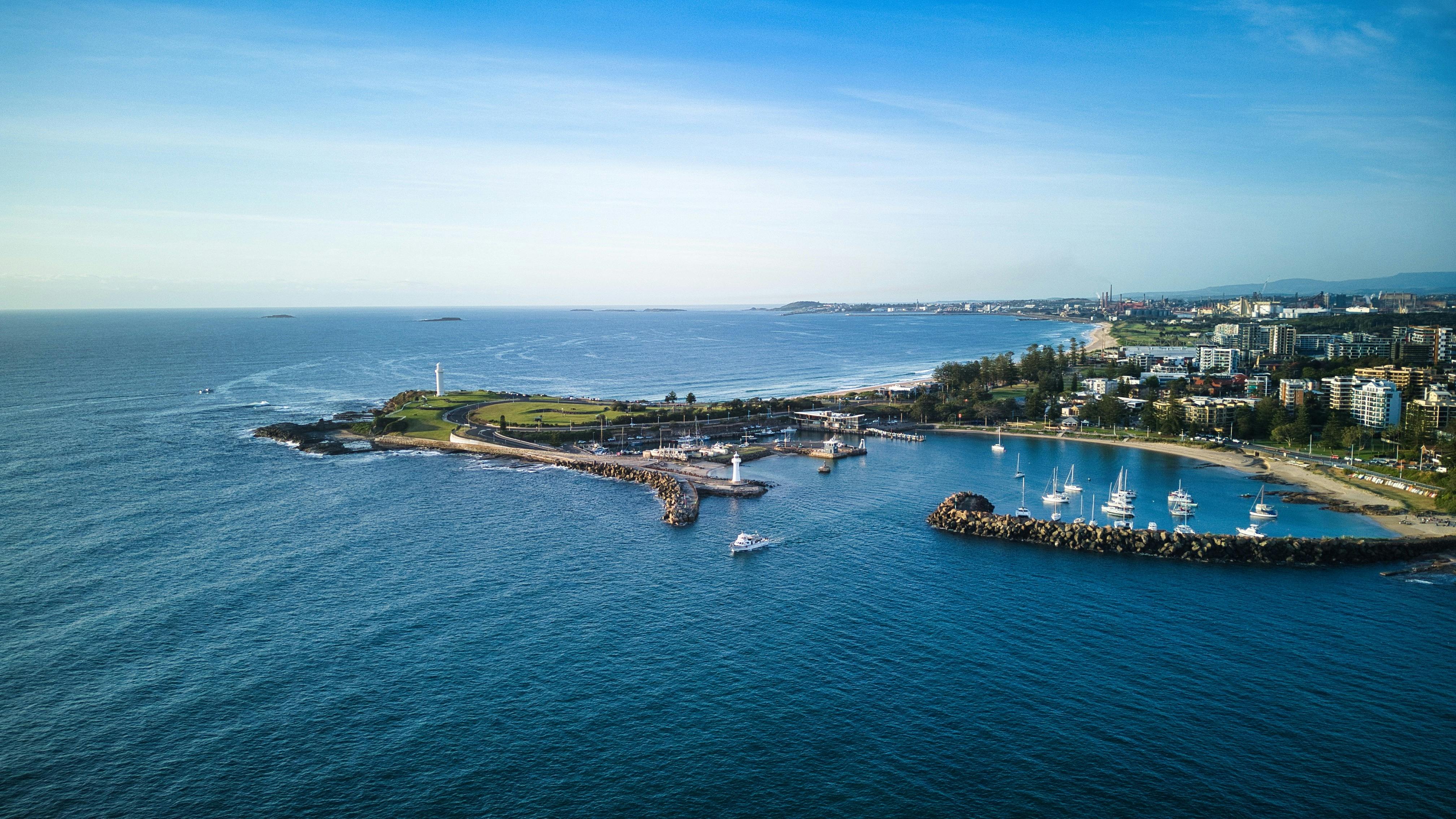 Drone shot of vessel leaving Wollongong Harbour