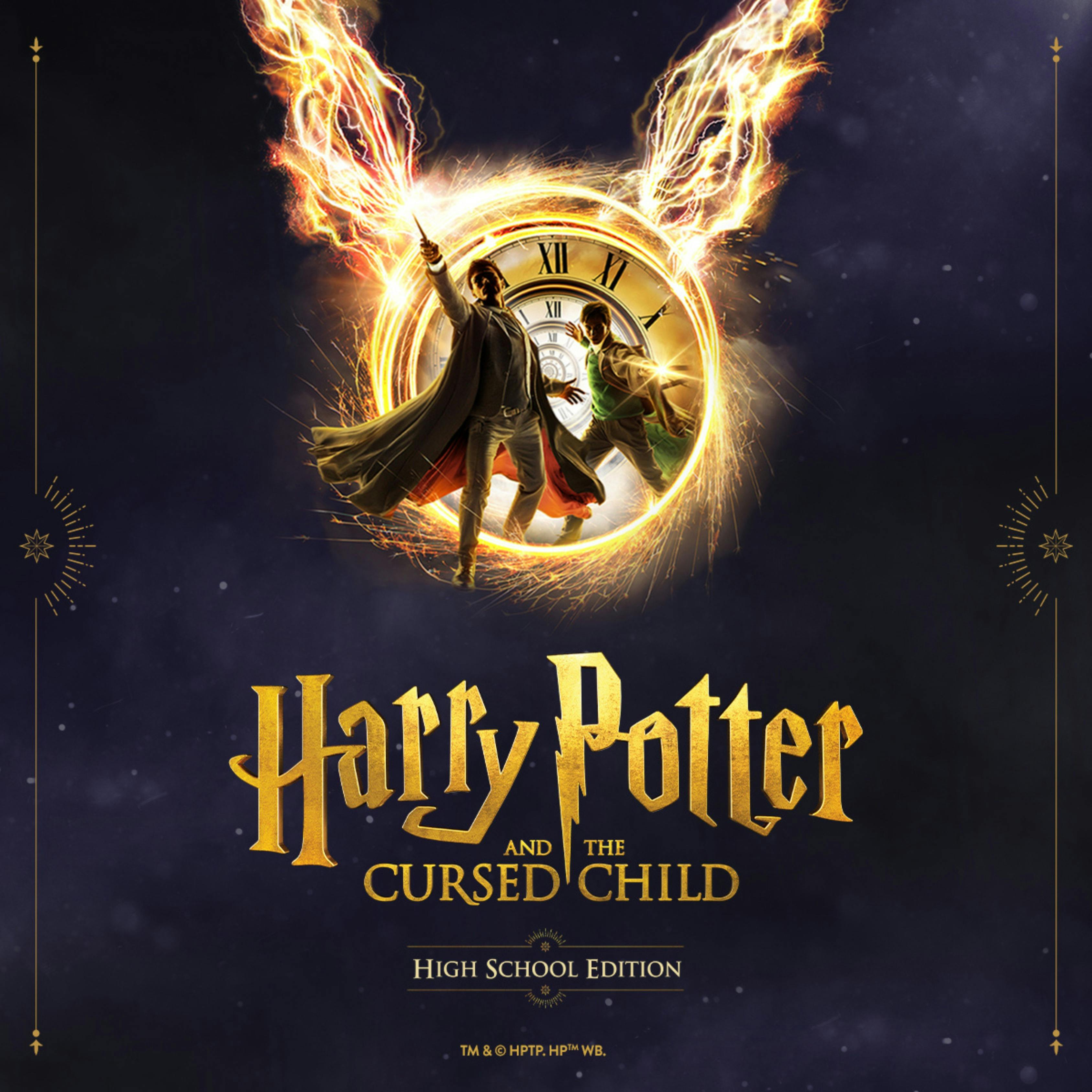 two boys in cloaks step through a golden snitch shaped portal