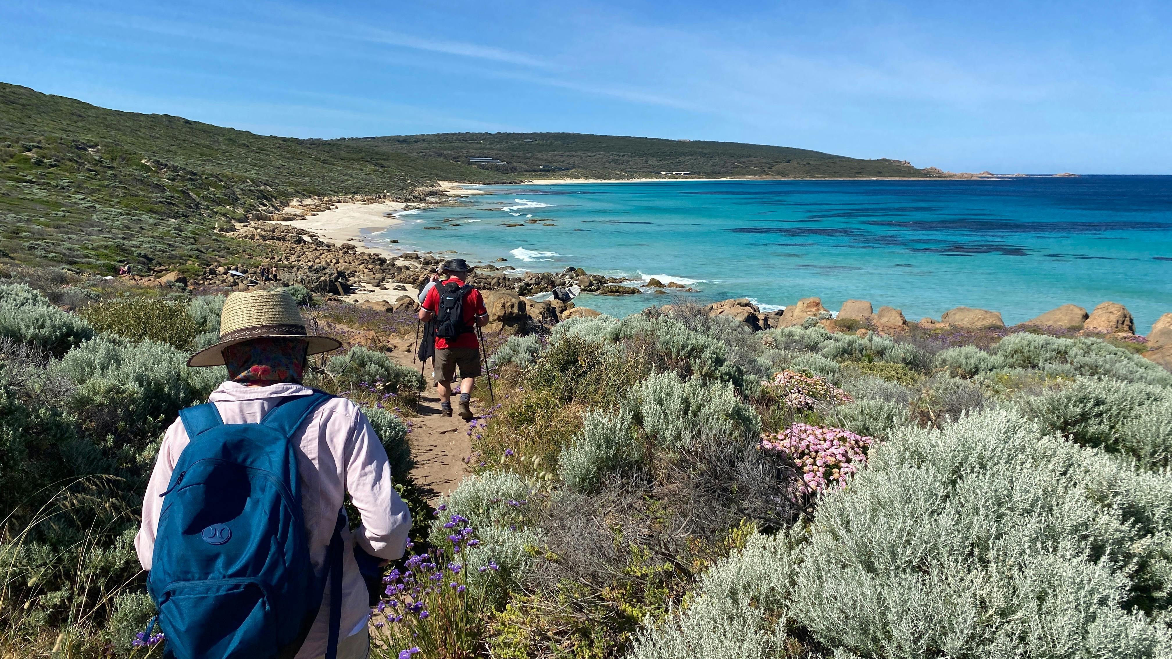 Two people walking along a Ptah lined with native plants and the turquoise blue sea in front .