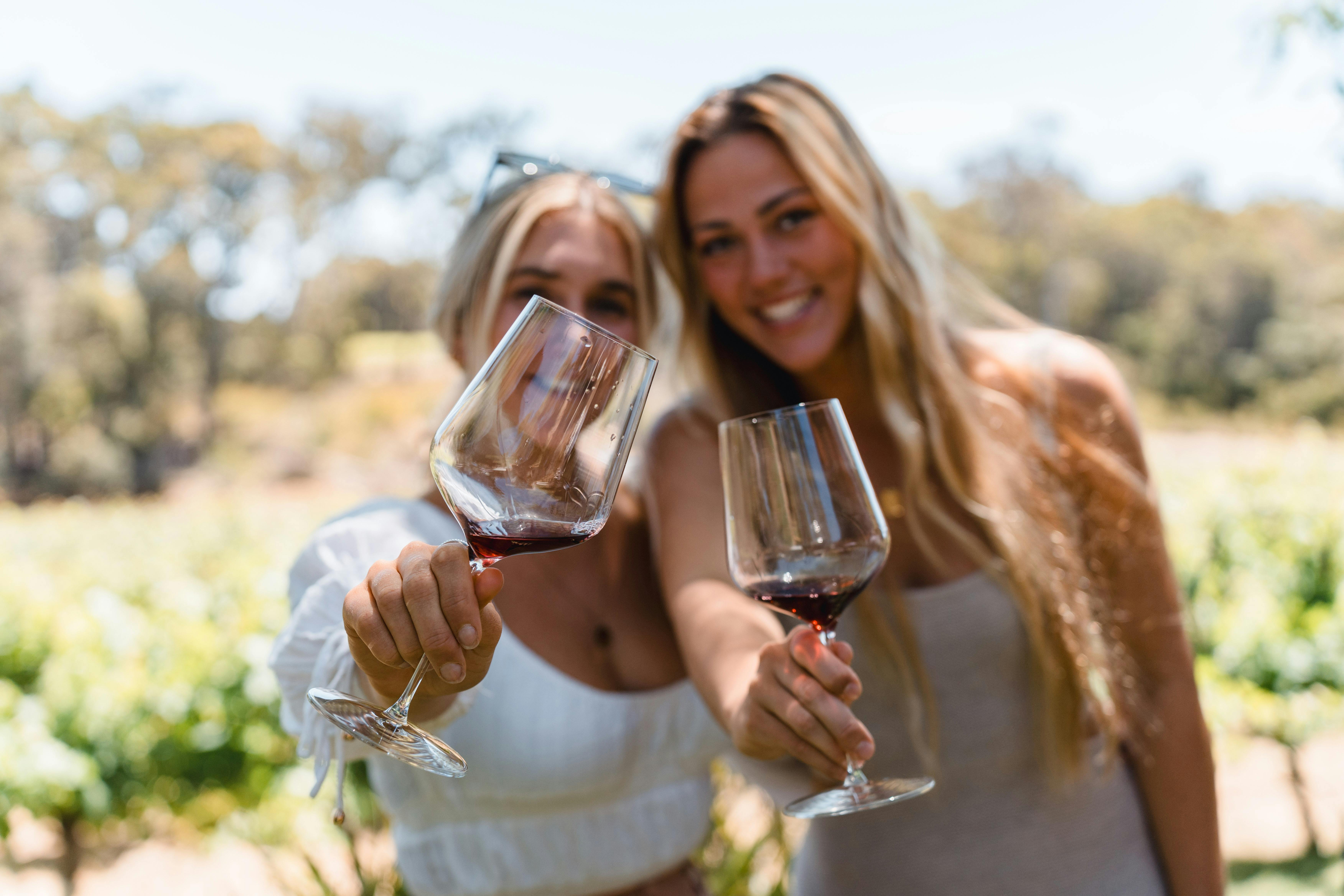 Two women, holding their wine glasses out to the camera.