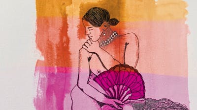 line drawing of nude model holding pink fan