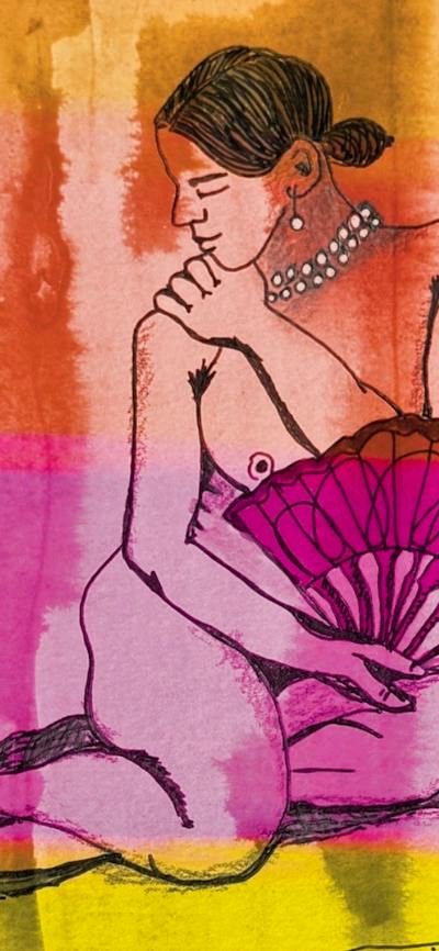 line drawing of nude model holding pink fan