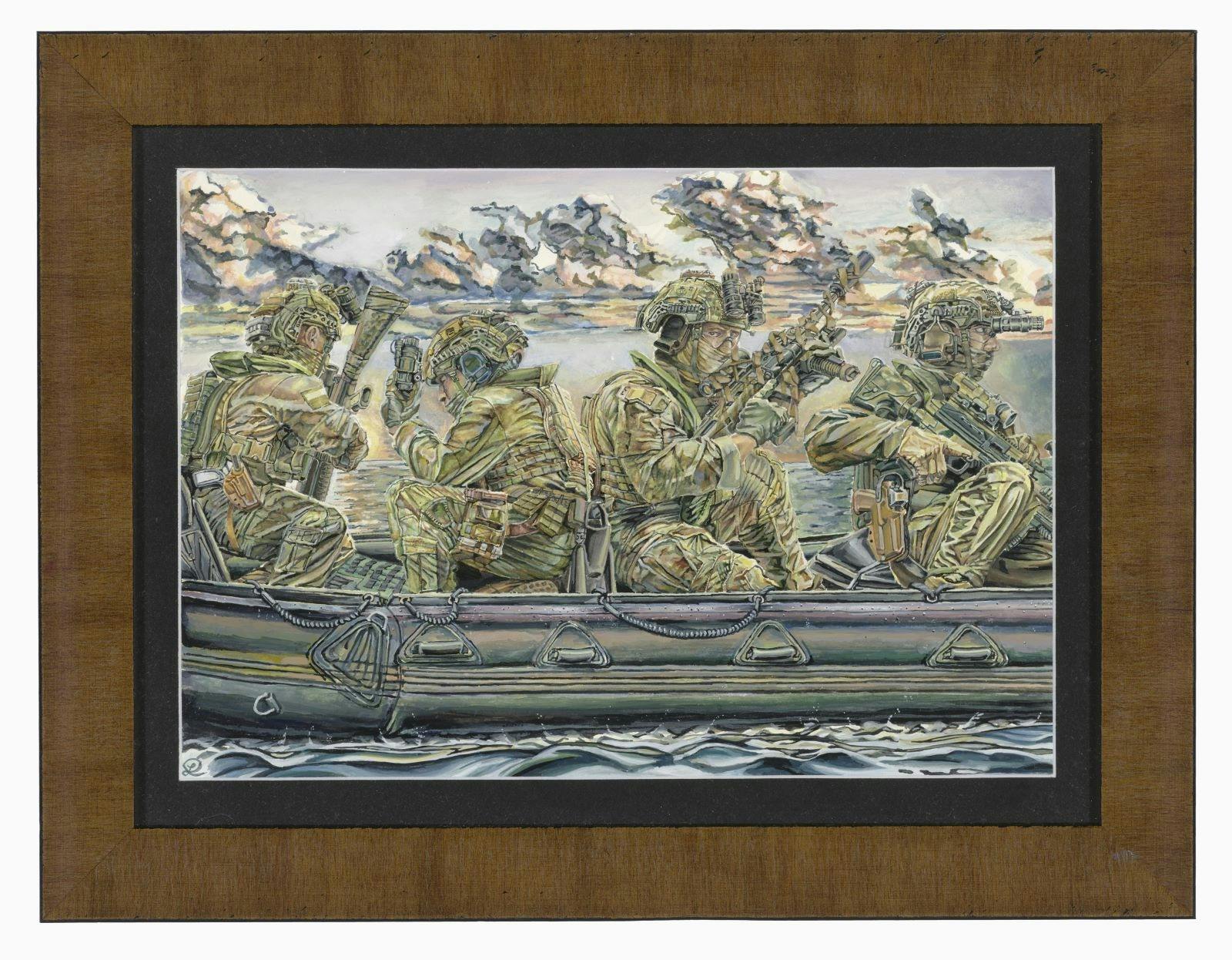 4 soldiers in rigid inflatable boat
