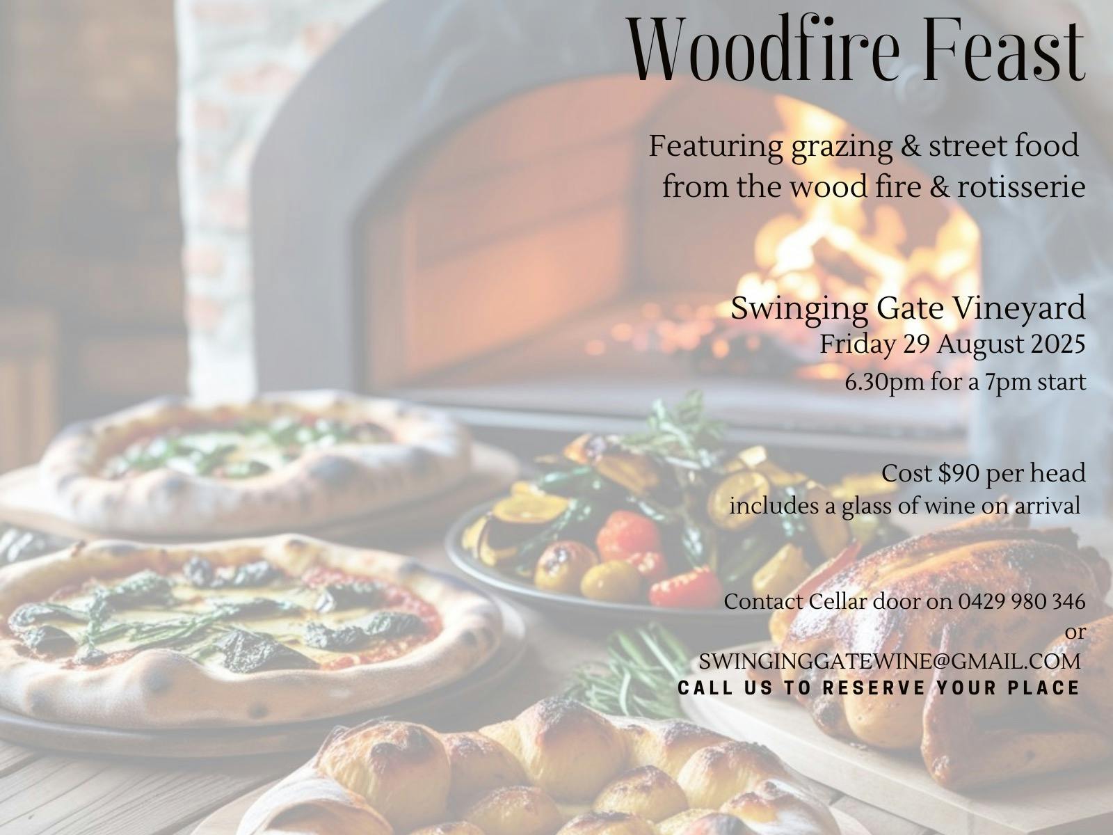 picture of woodfire oven with food on a table in front. Text of event details