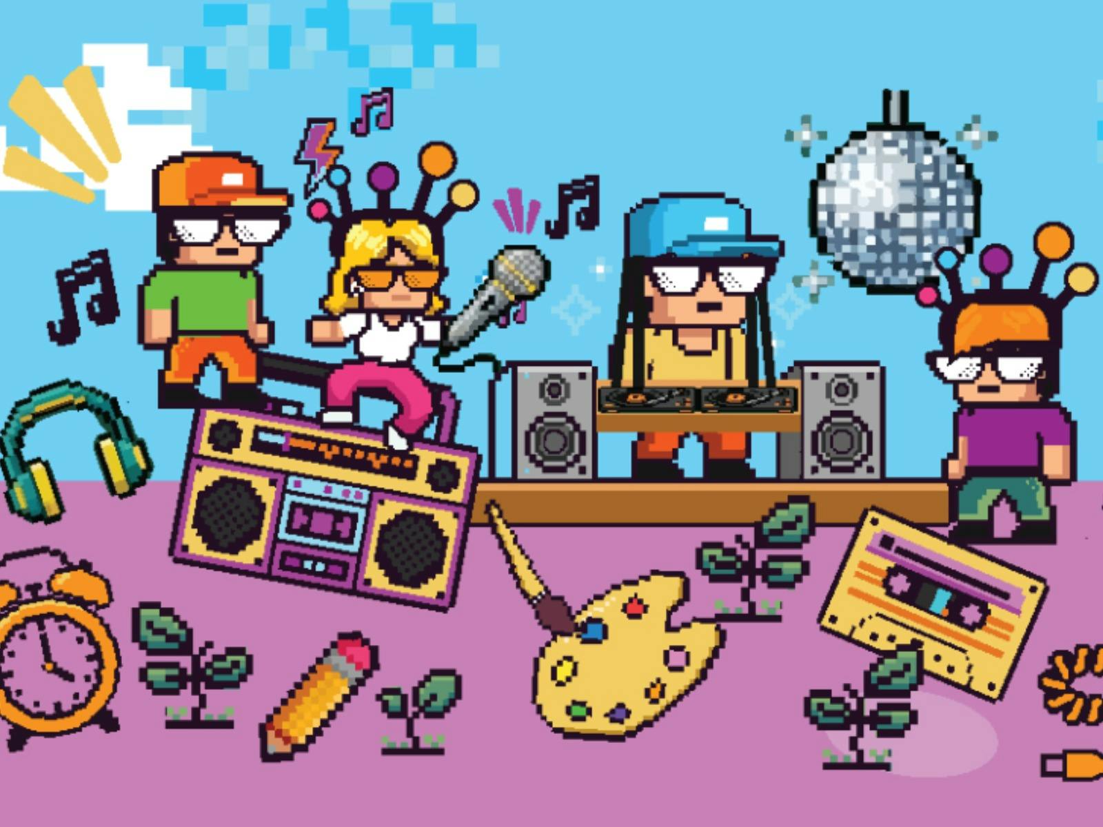 8-bit graphics of disco ball, singers, DJ and music icons.